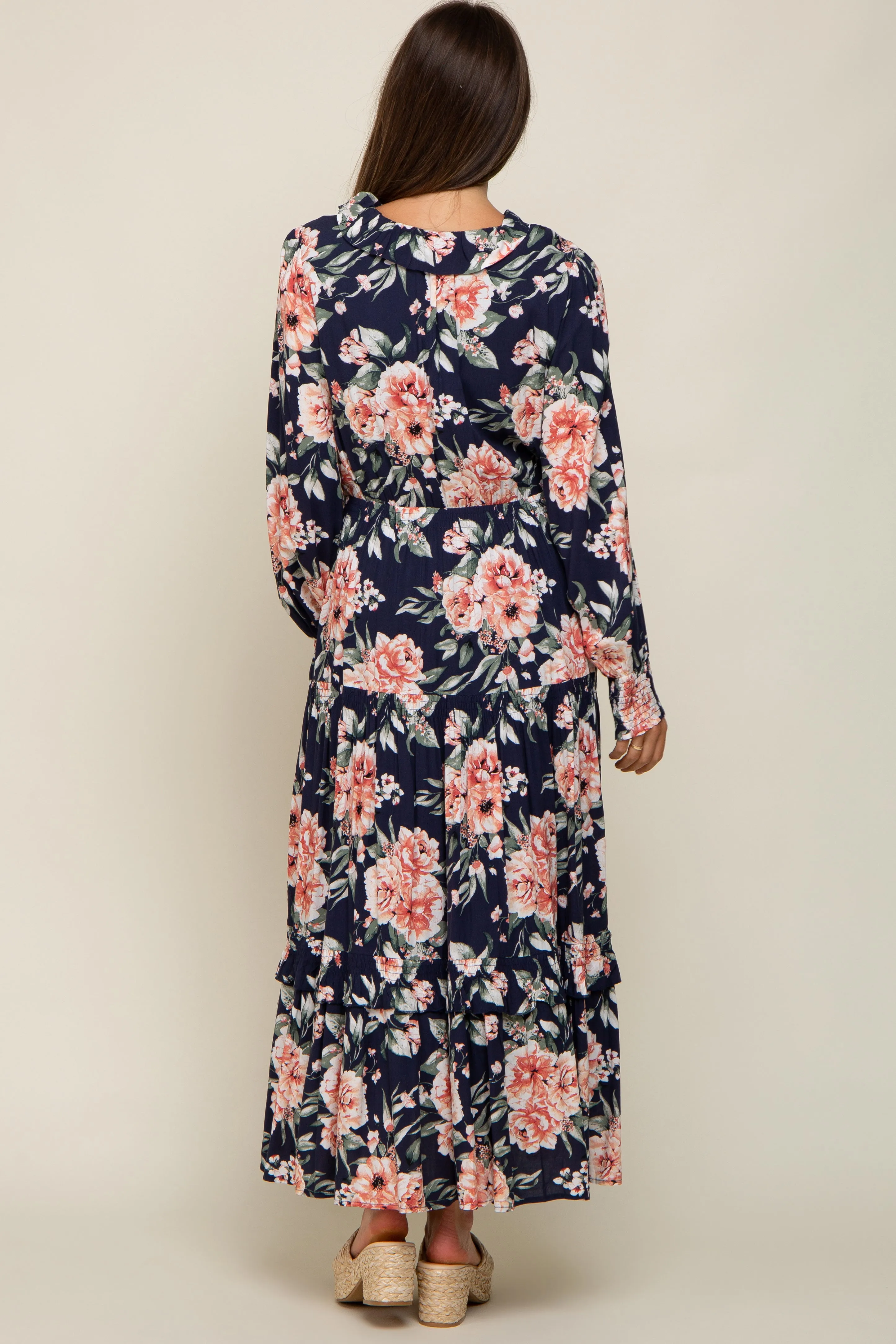 Navy Floral Smocked Ruffle Neck Maternity Maxi Dress sold by Pinkblush product image thumbnail 3