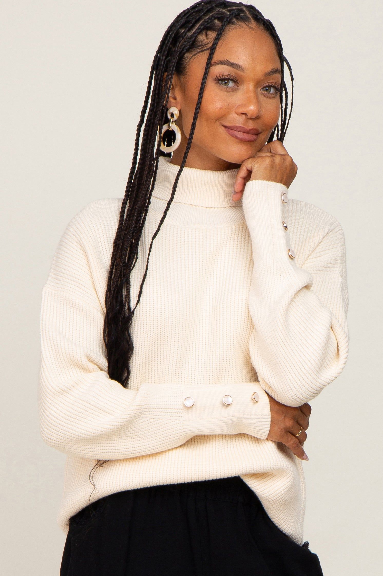 Cream Button Accent Turtleneck Sweater sold by Pinkblush product image thumbnail 2