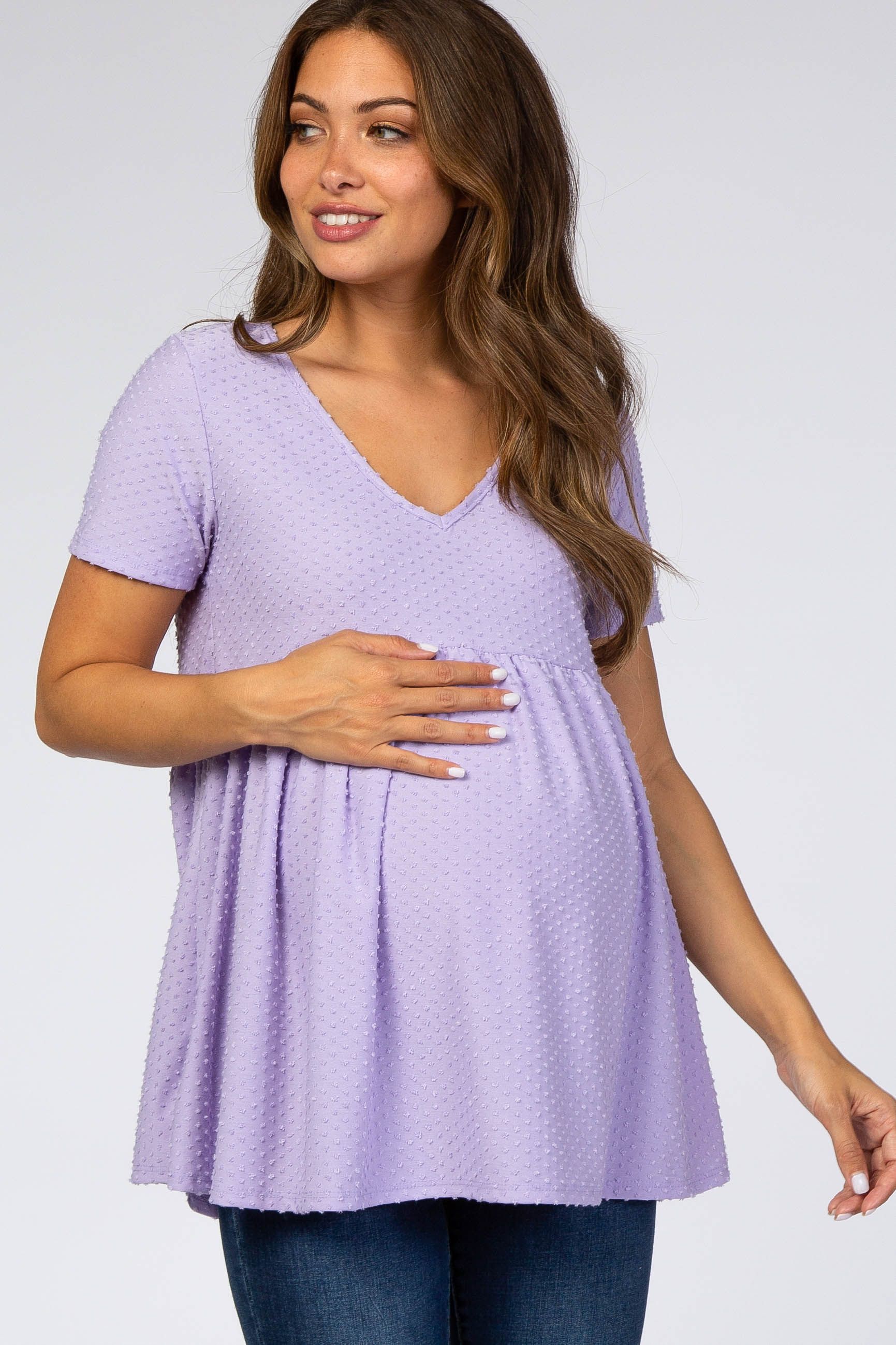 Lavender Swiss Dot Peplum Maternity Top sold by Pinkblush