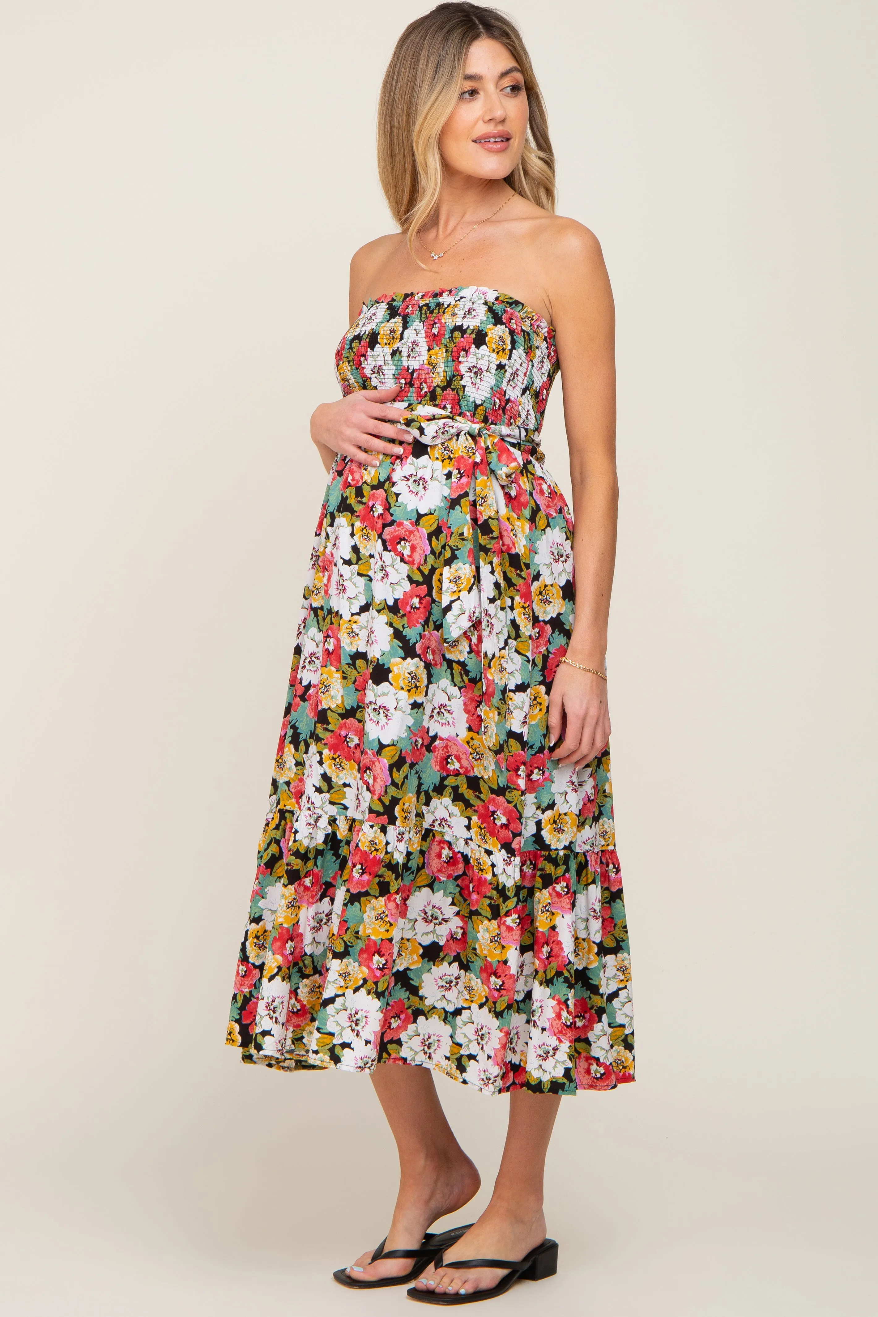 Black Floral Smocked Strapless Maternity Midi Dress sold by Pinkblush product image thumbnail 3