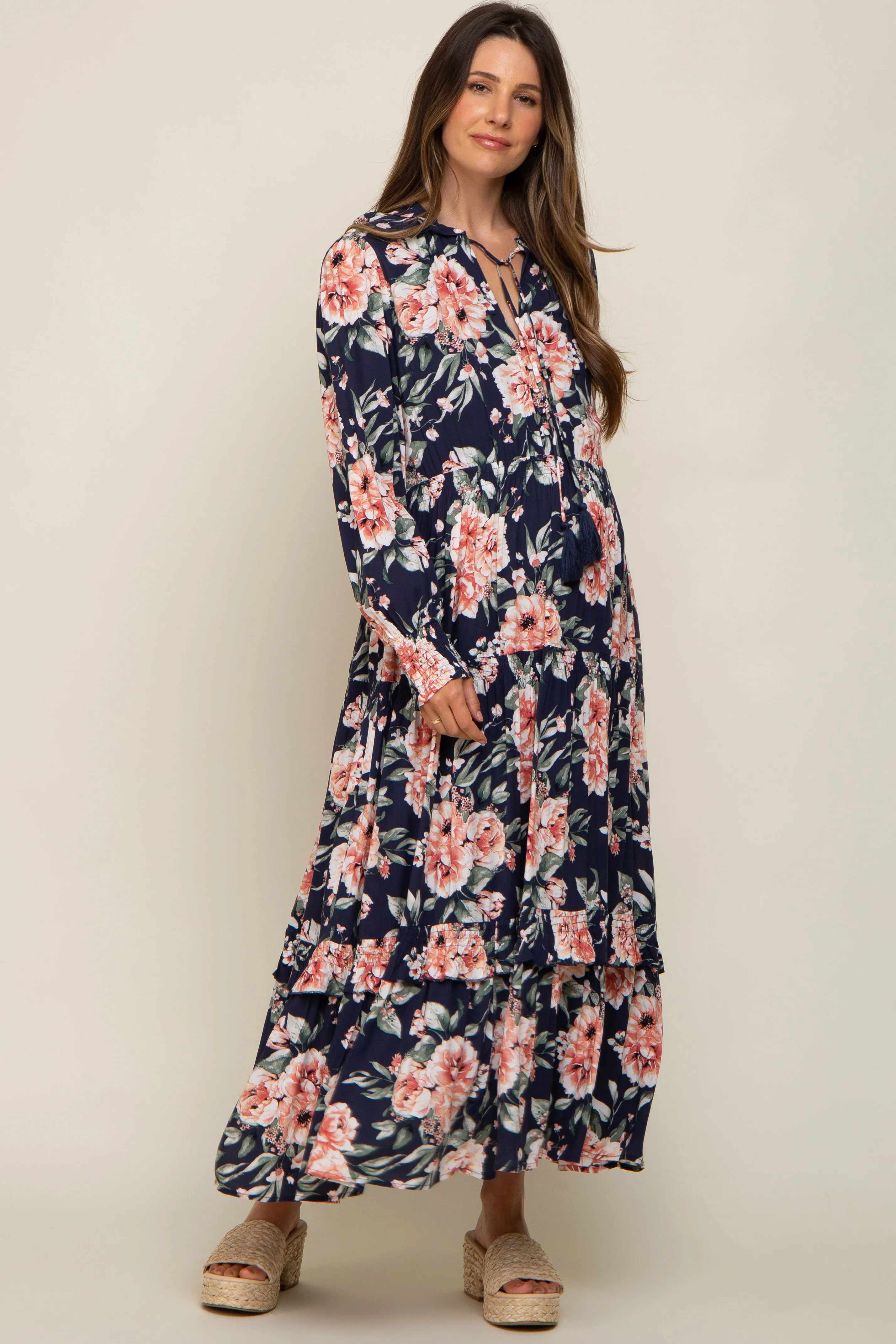 Navy Floral Smocked Ruffle Neck Maternity Maxi Dress sold by Pinkblush