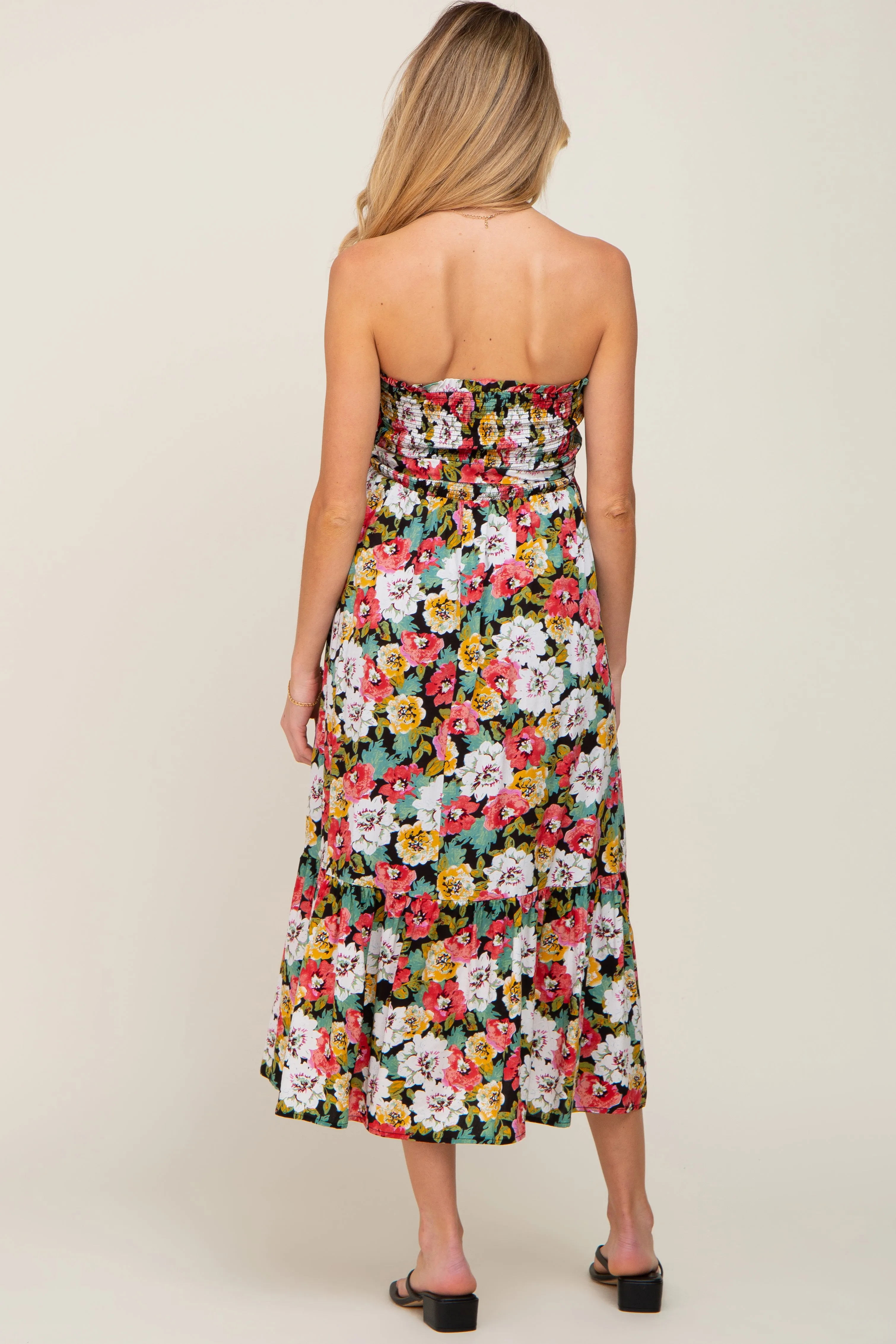 Black Floral Smocked Strapless Maternity Midi Dress sold by Pinkblush product image thumbnail 4