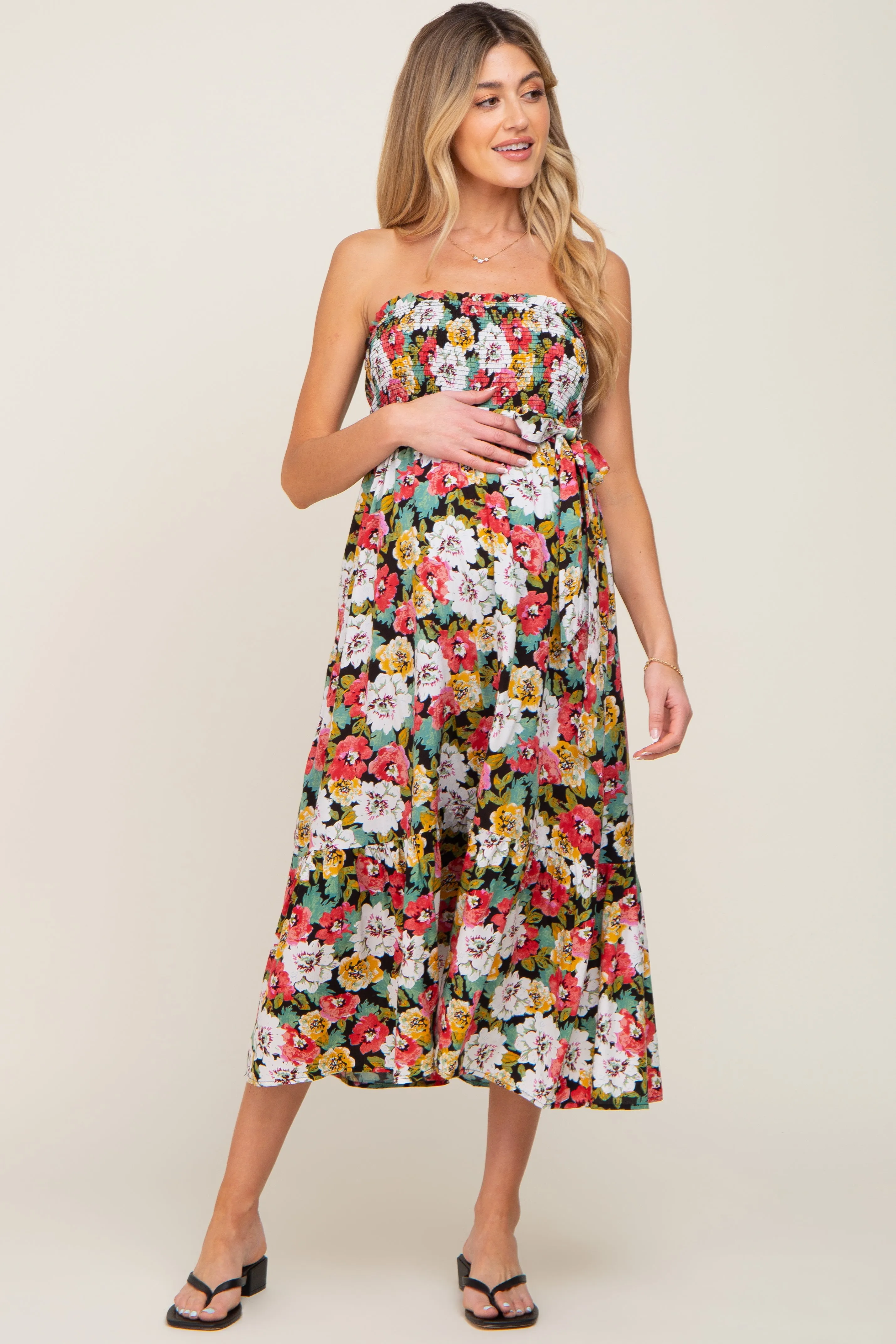 Black Floral Smocked Strapless Maternity Midi Dress sold by Pinkblush