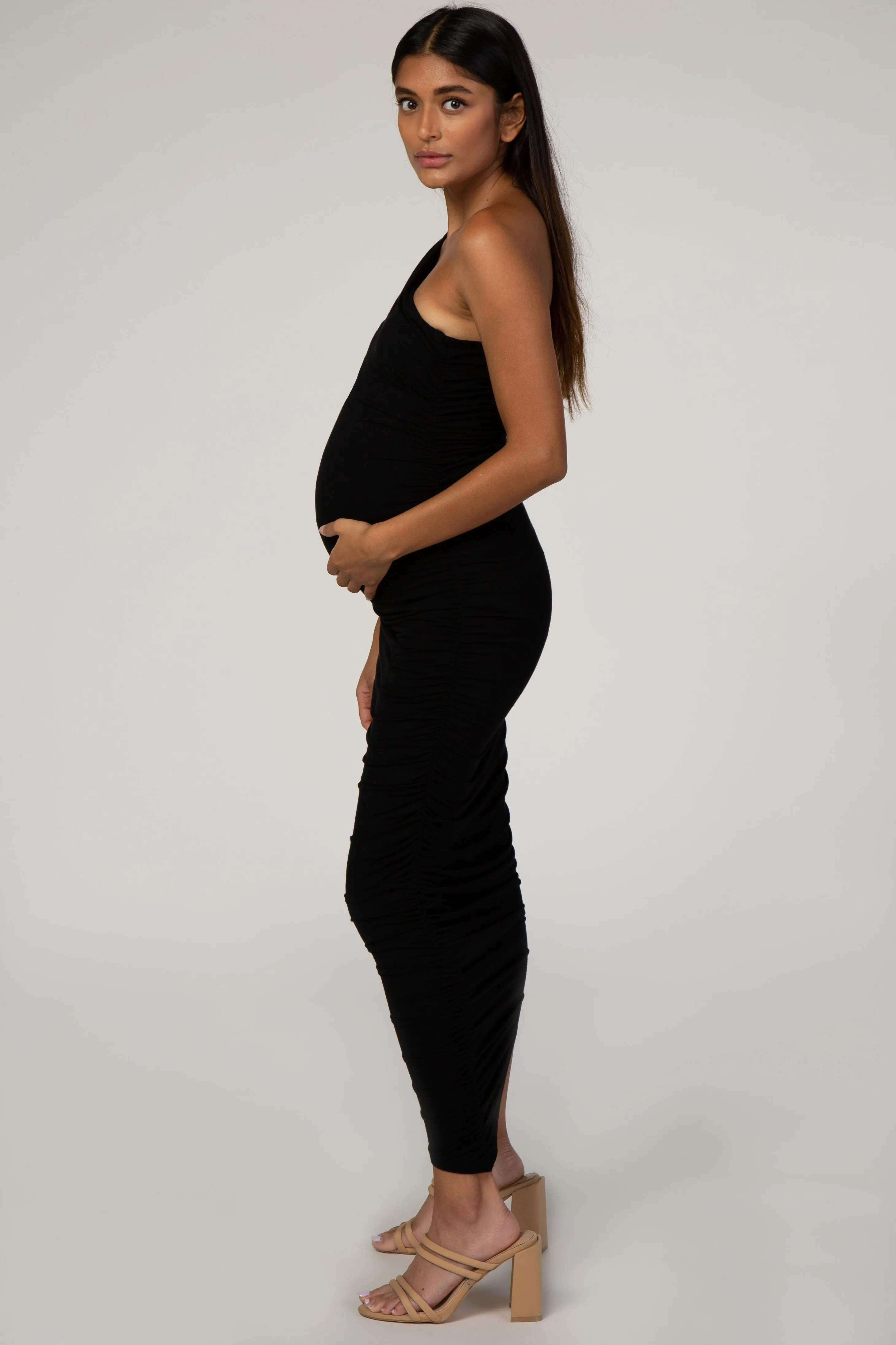 PinkBlush Black Ruched One Shoulder Maternity Dress sold by Pinkblush product image thumbnail 2