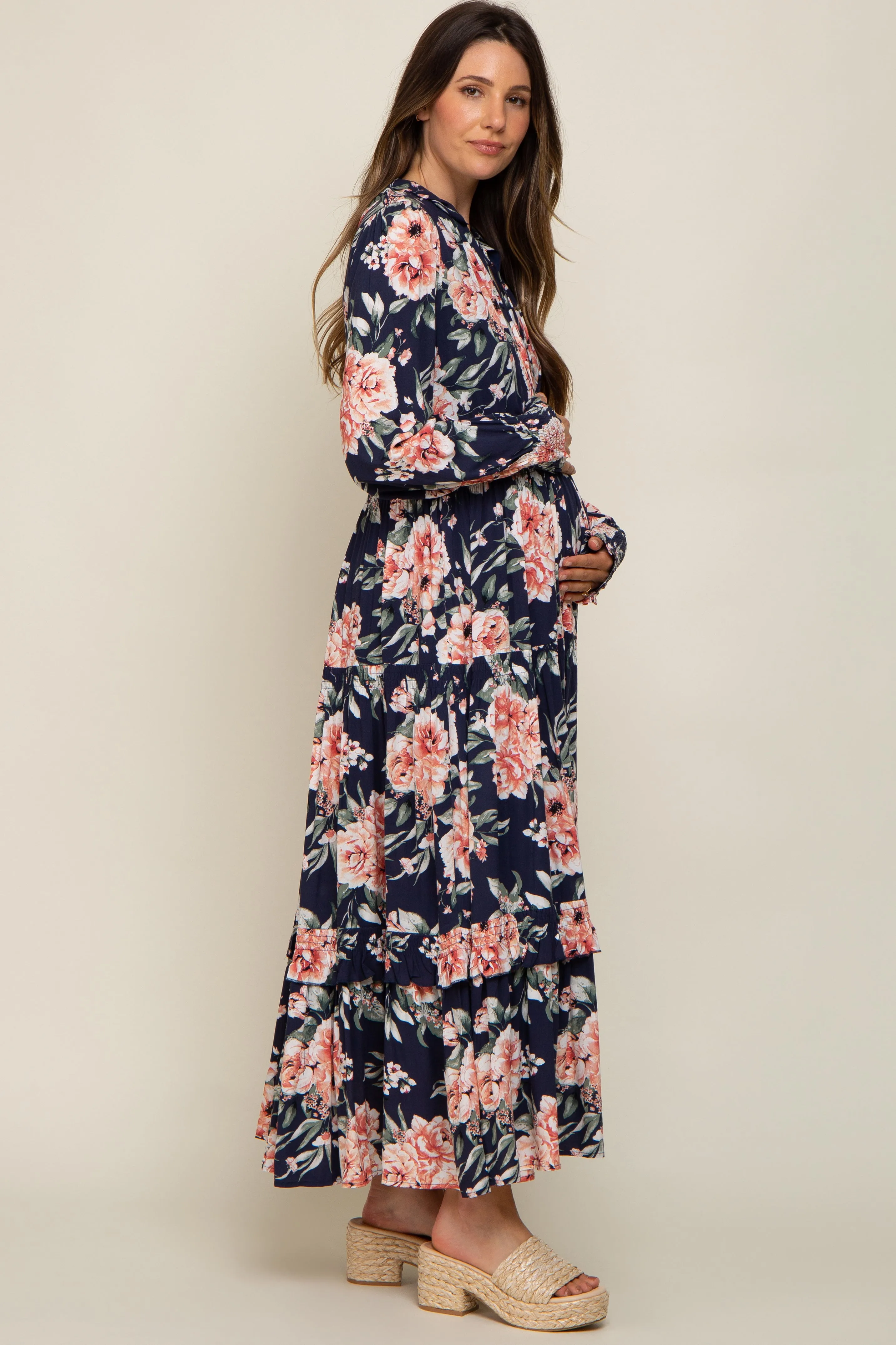 Navy Floral Smocked Ruffle Neck Maternity Maxi Dress sold by Pinkblush product image thumbnail 2