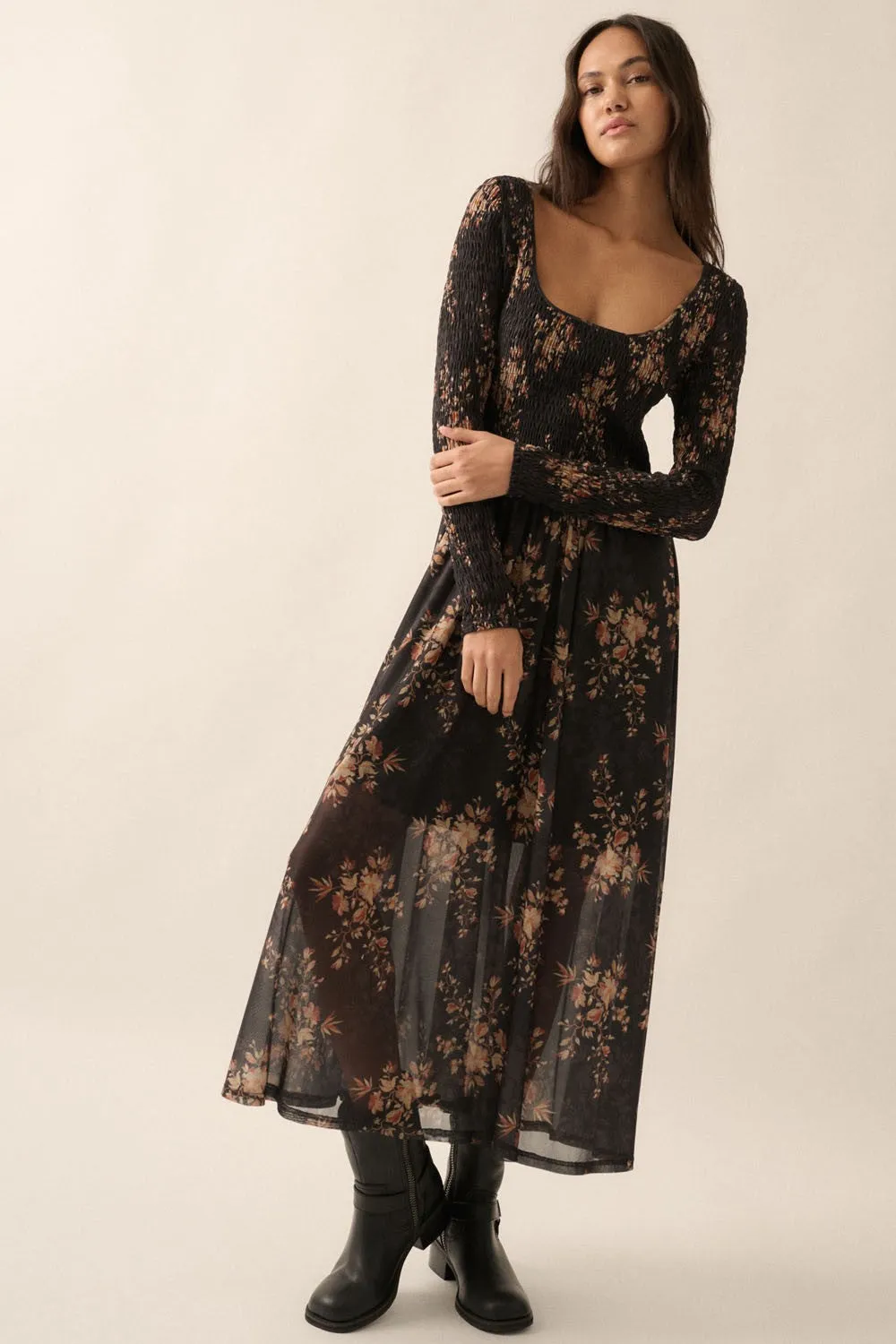 Black Floral Smocked Woven Maxi Dress sold by Pinkblush product image thumbnail 4