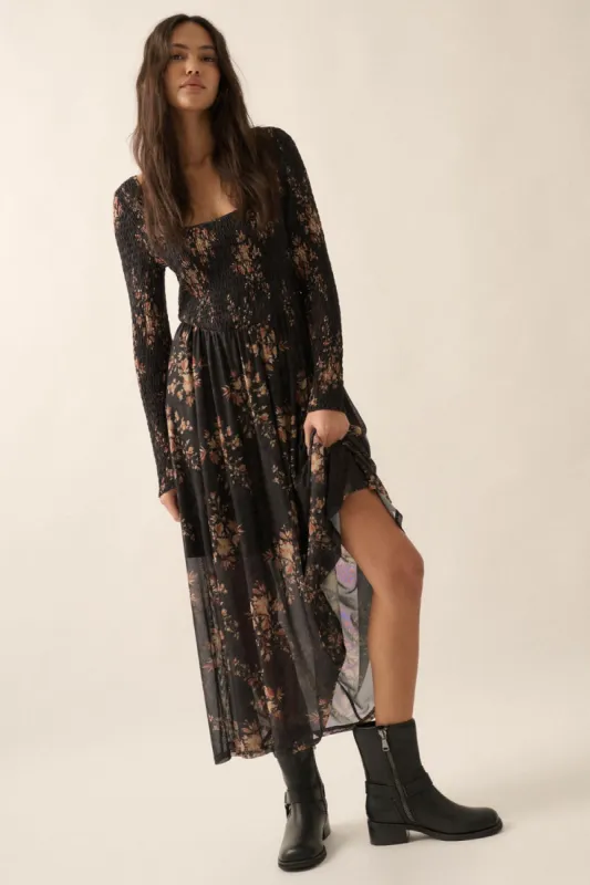 Black Floral Smocked Woven Maxi Dress sold by Pinkblush