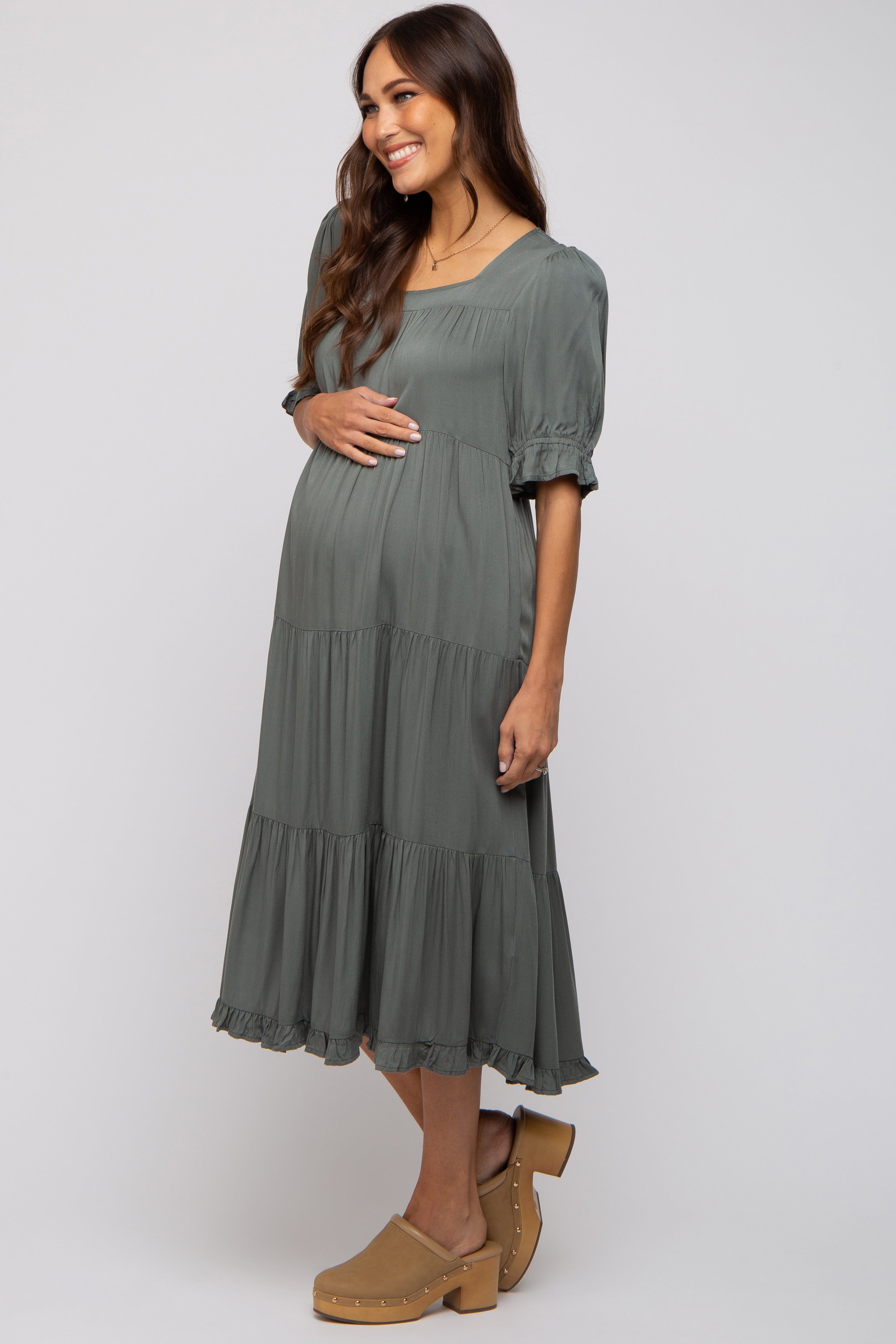 Olive Tiered Ruffle Hem Maternity Midi Dress sold by Pinkblush product image thumbnail 3
