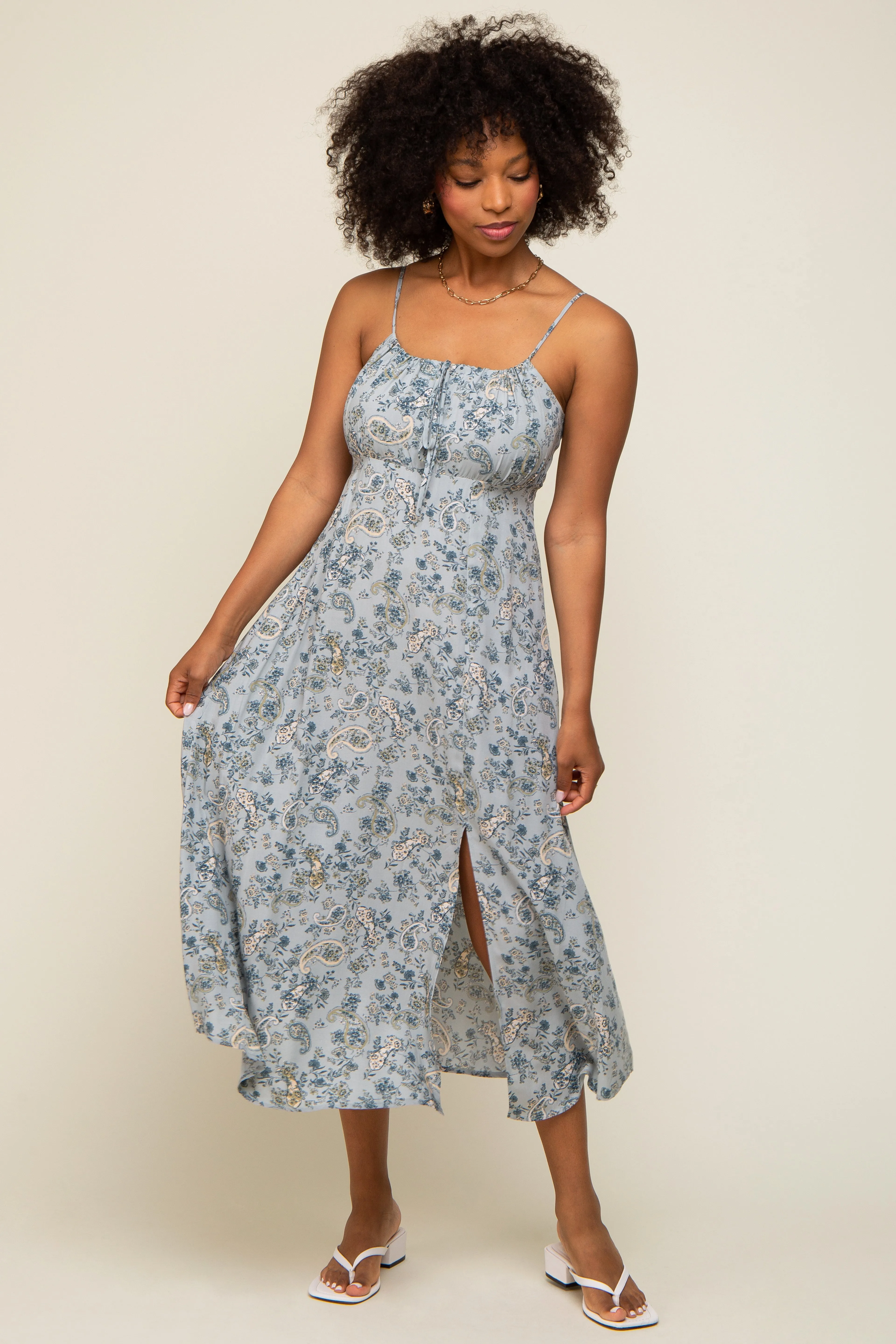 Light Blue Paisley Front Tie Midi Dress sold by Pinkblush product image thumbnail 4