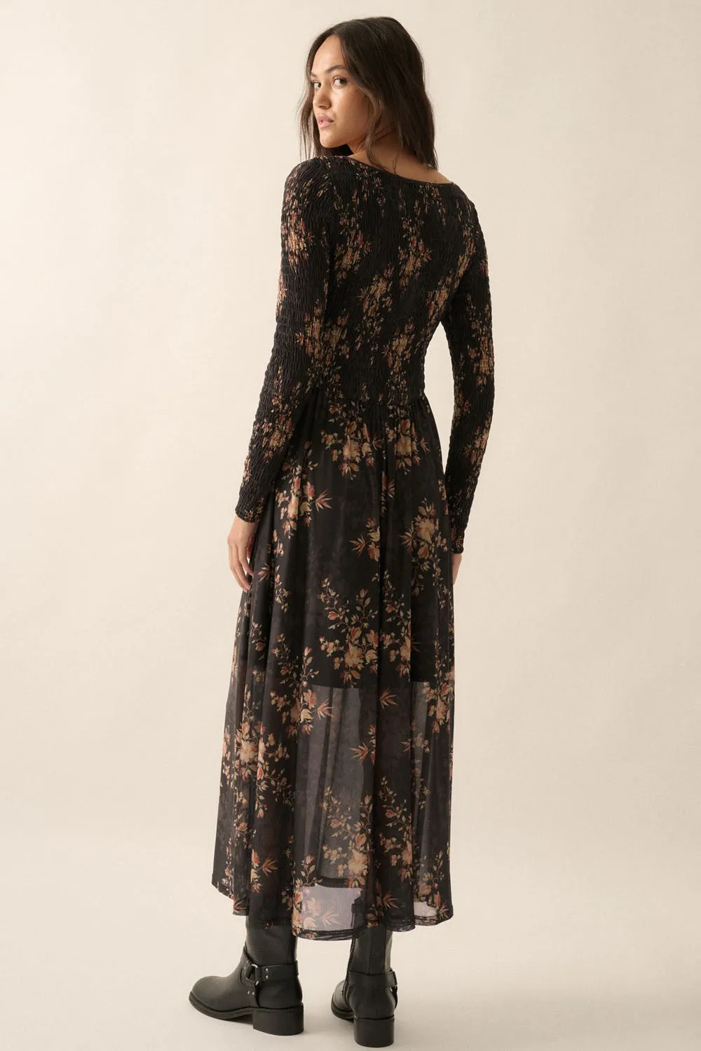 Black Floral Smocked Woven Maxi Dress sold by Pinkblush product image thumbnail 5