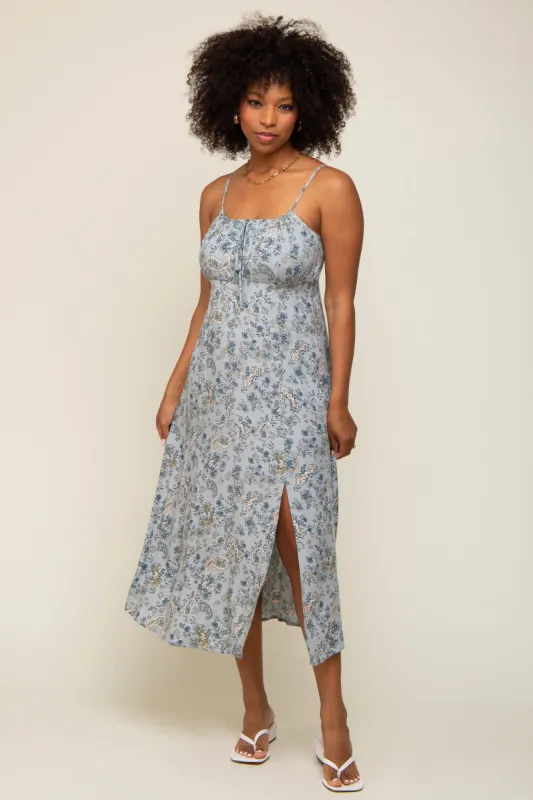Light Blue Paisley Front Tie Midi Dress sold by Pinkblush