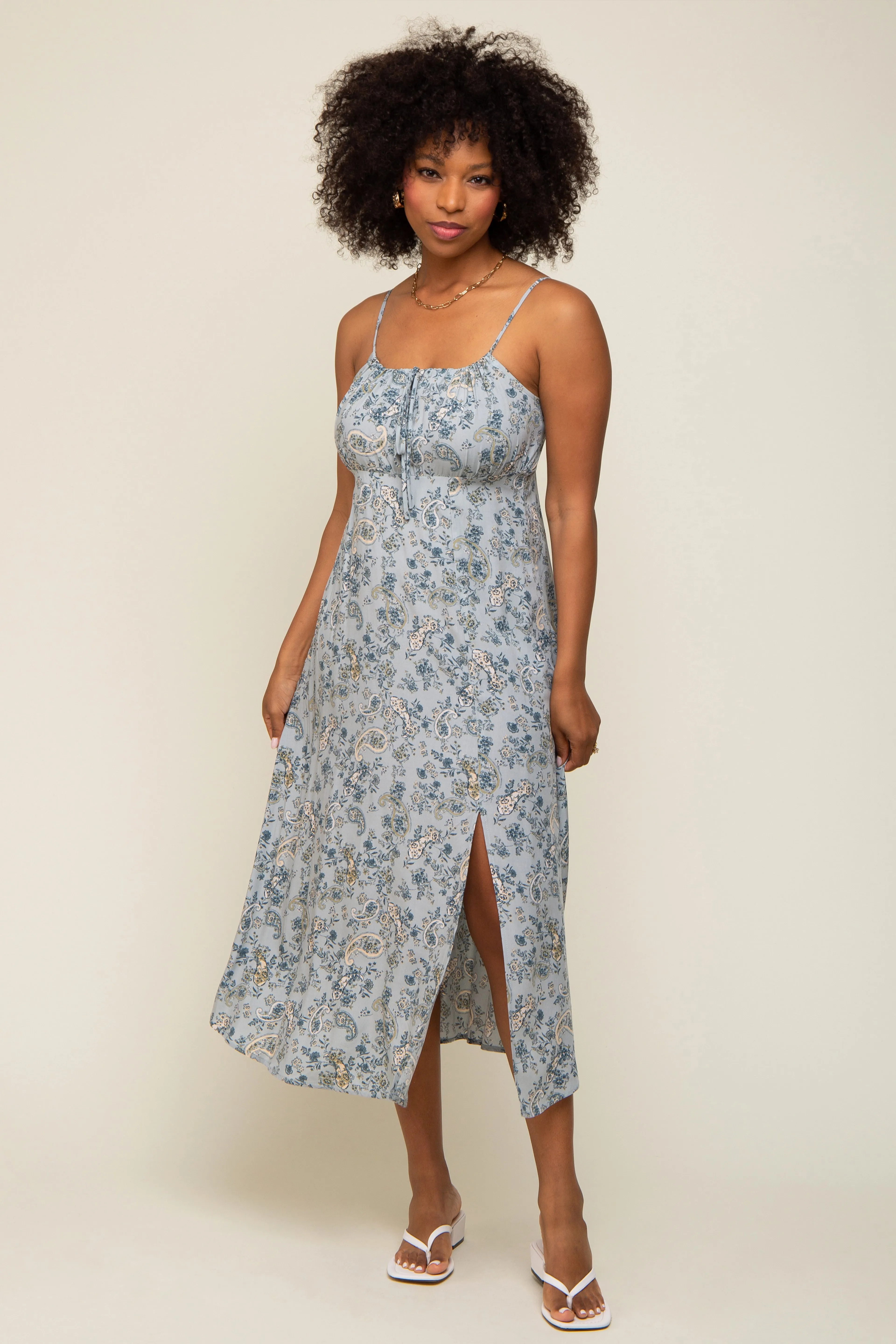 Light Blue Paisley Front Tie Midi Dress sold by Pinkblush
