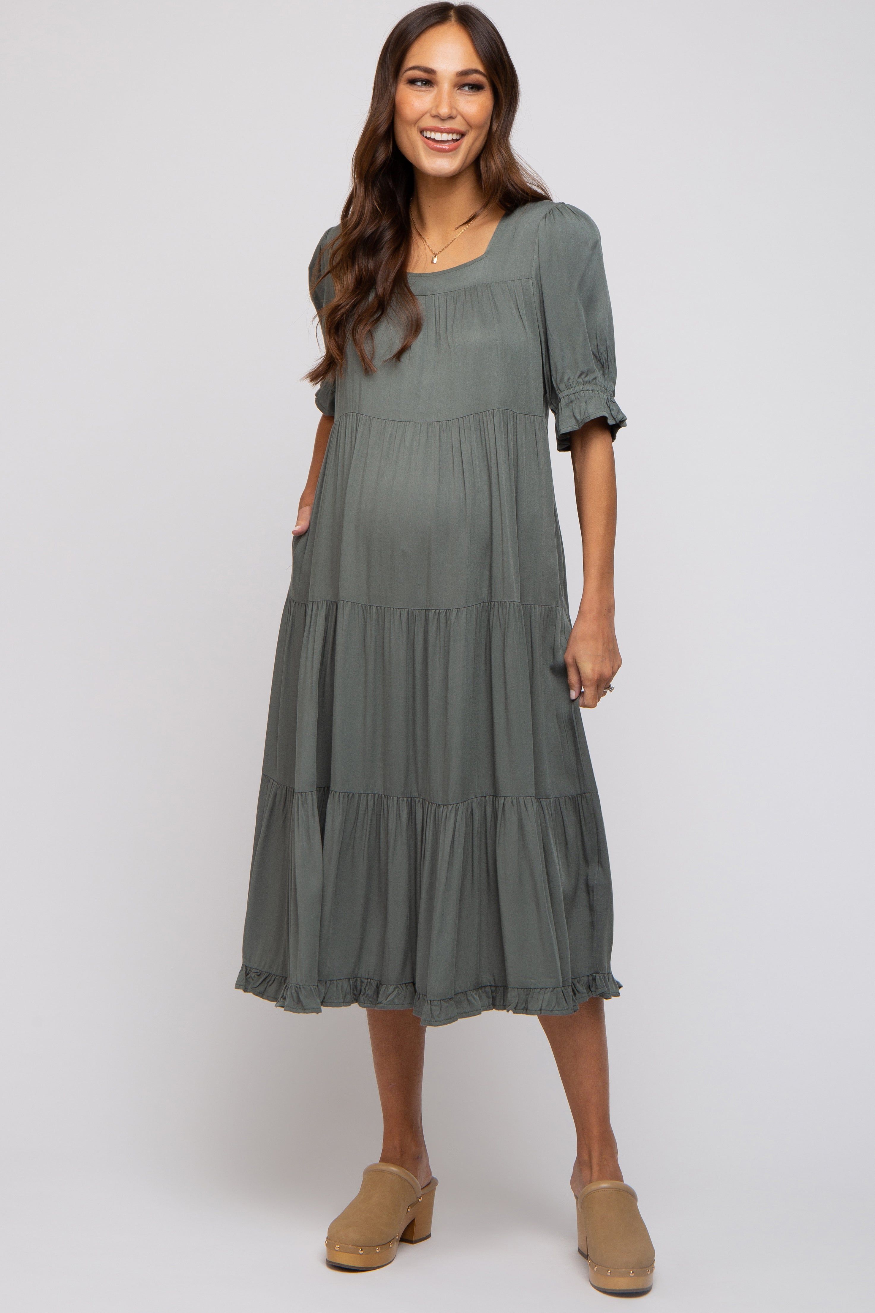 Olive Tiered Ruffle Hem Maternity Midi Dress sold by Pinkblush