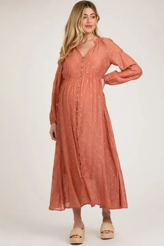 Rust Embroidered Maternity Button Down Maxi Dress sold by Pinkblush