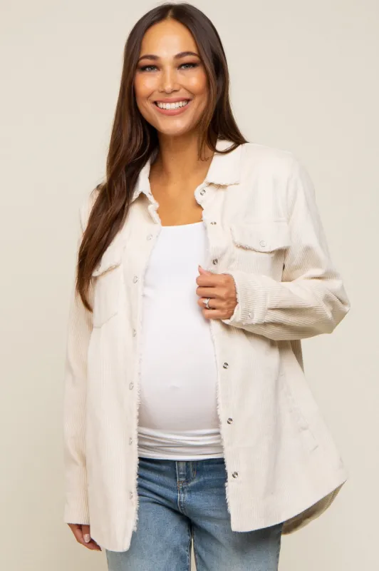 Cream Corduroy Sherpa Lined Maternity Shacket sold by Pinkblush