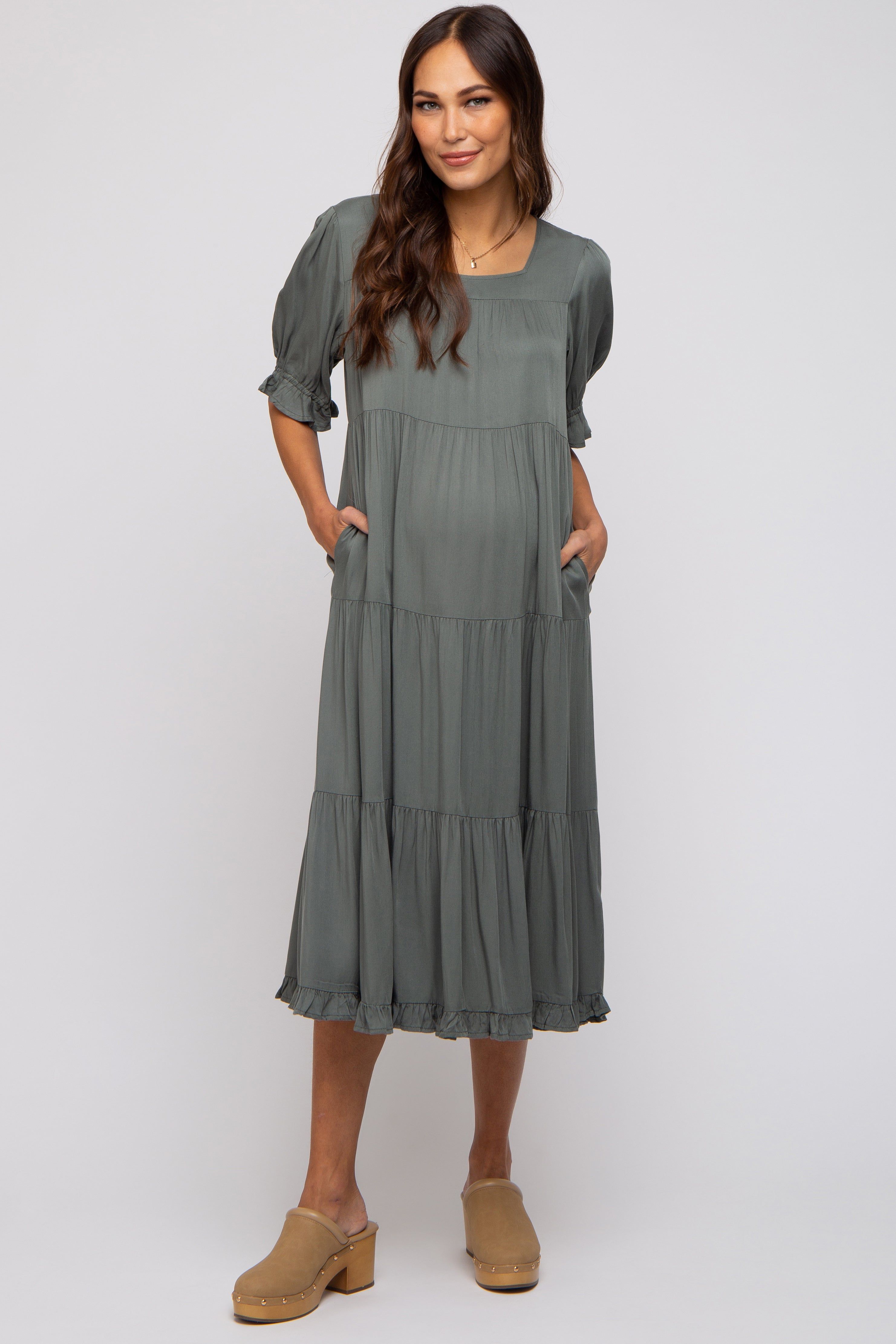 Olive Tiered Ruffle Hem Maternity Midi Dress sold by Pinkblush product image thumbnail 5