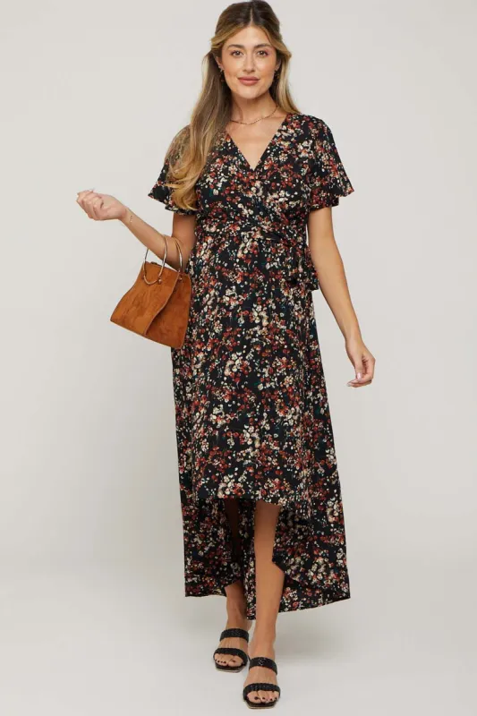 Black Floral Hi-Lo Maternity Wrap Maxi Dress sold by Pinkblush