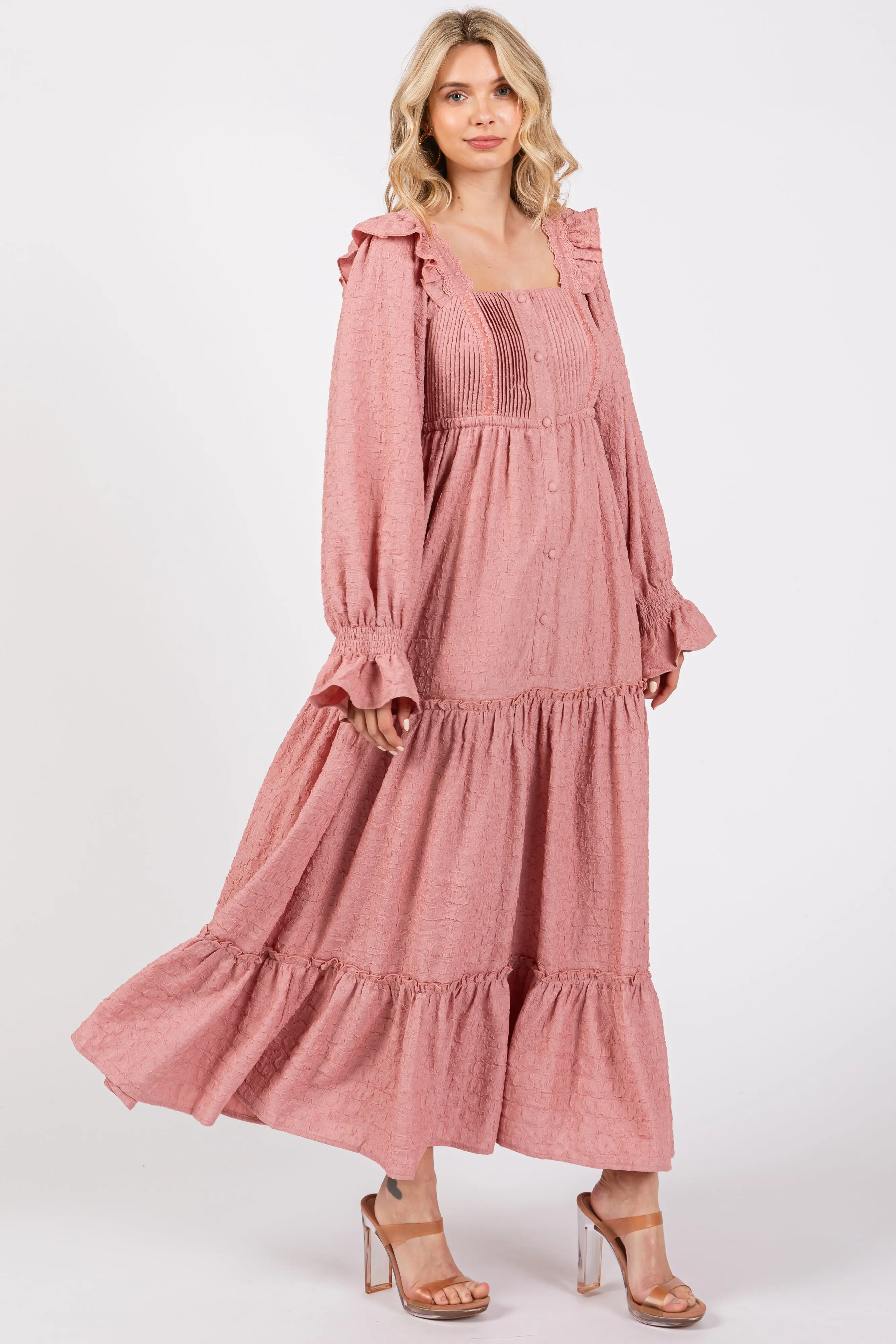 Mauve Button Pleated Front Square Neck Ruffle Tiered Maxi Dress sold by Pinkblush product image thumbnail 2