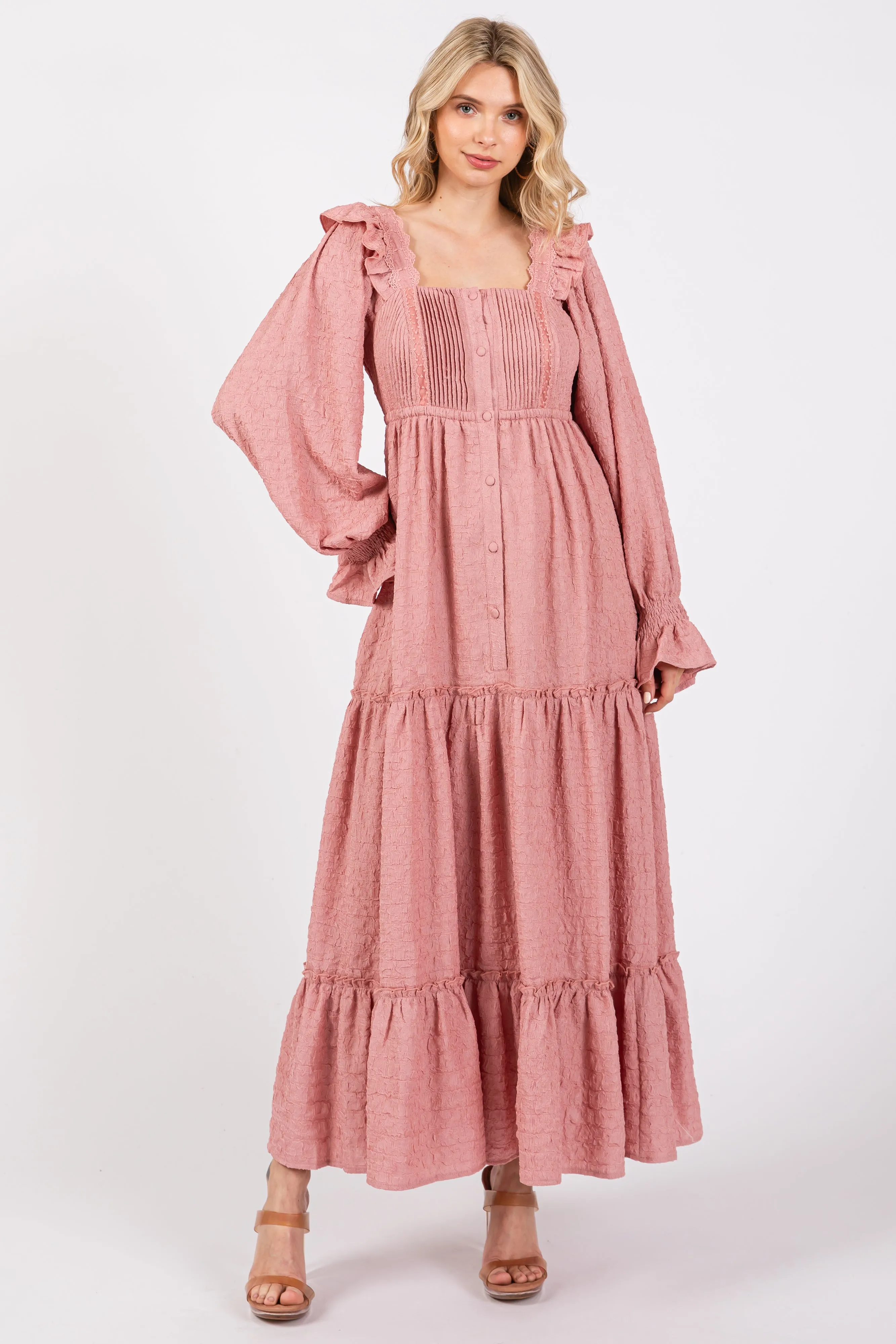 Mauve Button Pleated Front Square Neck Ruffle Tiered Maxi Dress sold by Pinkblush