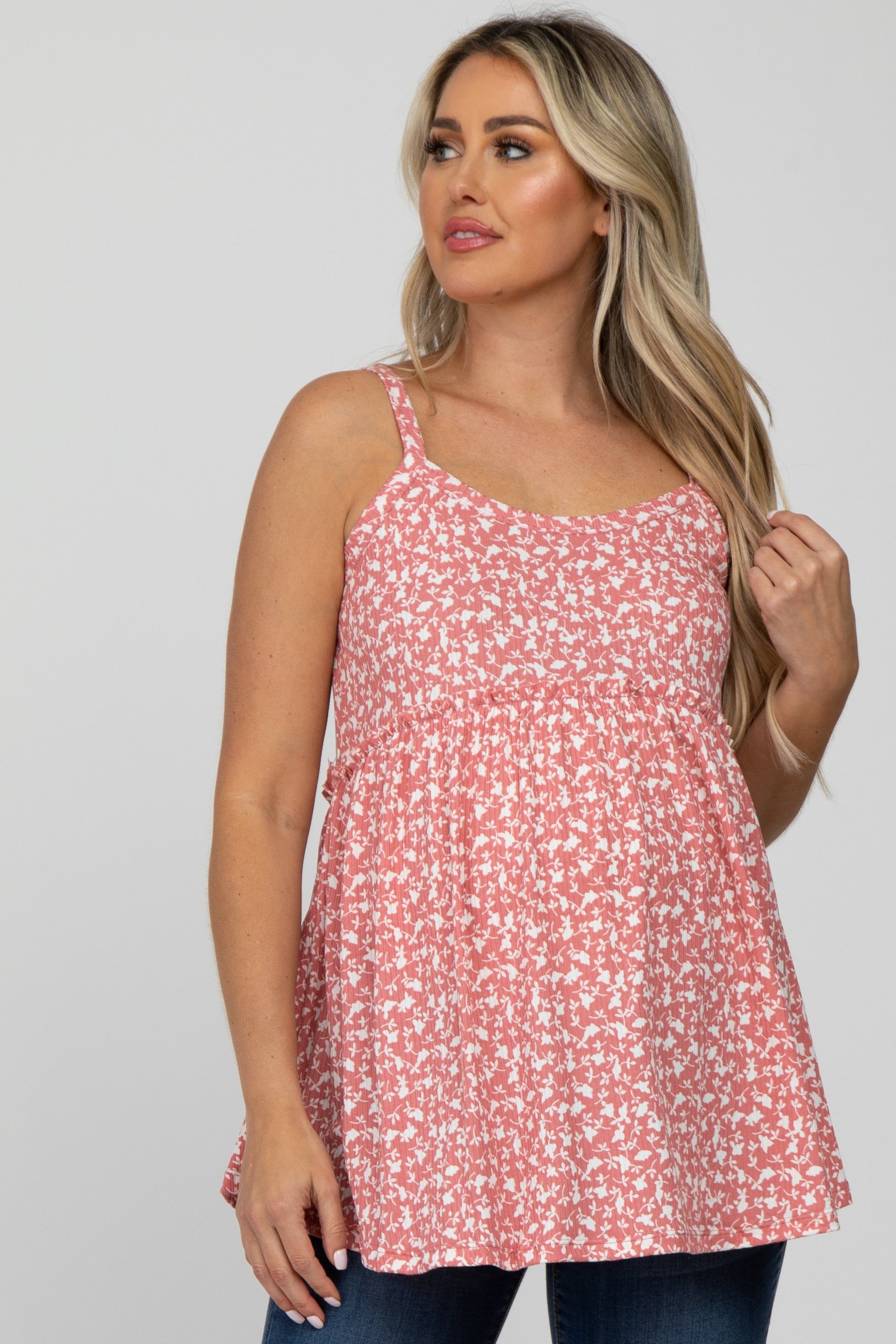 Coral Floral Ribbed Babydoll Maternity Top sold by Pinkblush