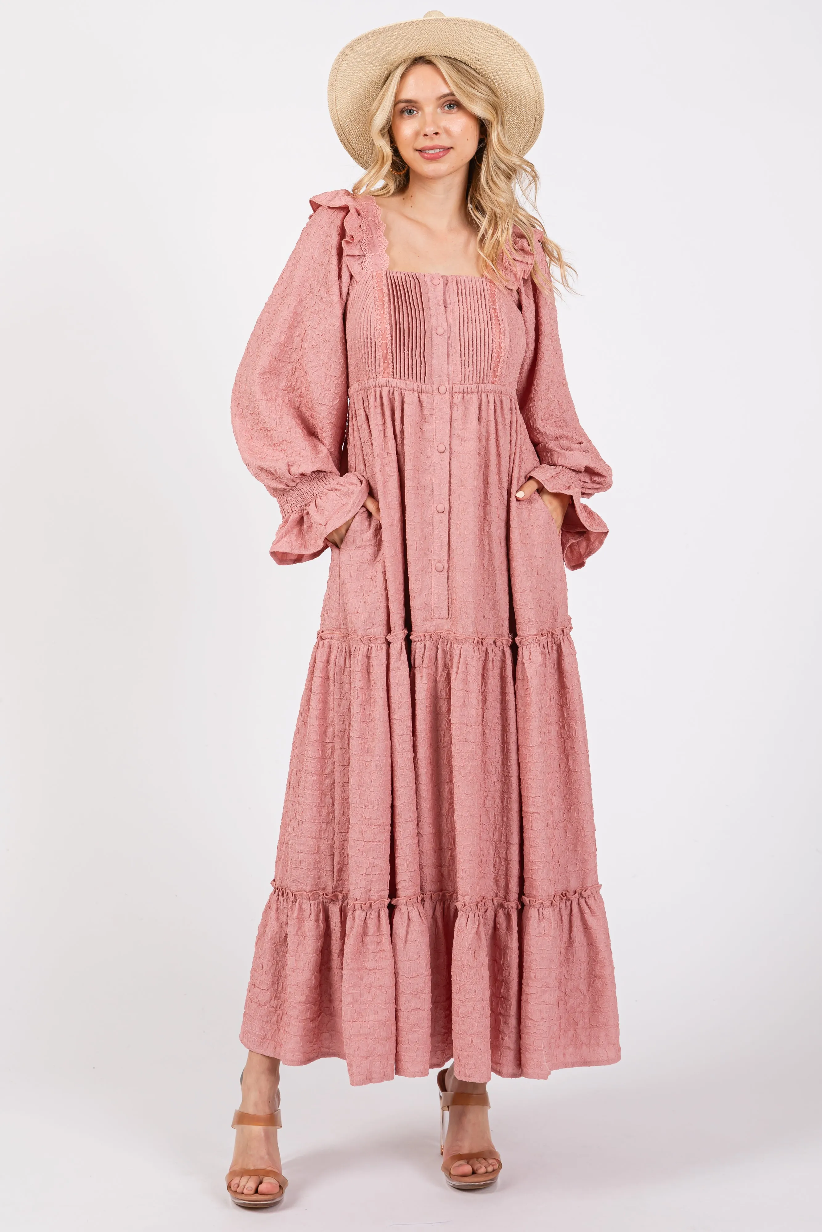 Mauve Button Pleated Front Square Neck Ruffle Tiered Maxi Dress sold by Pinkblush product image thumbnail 4