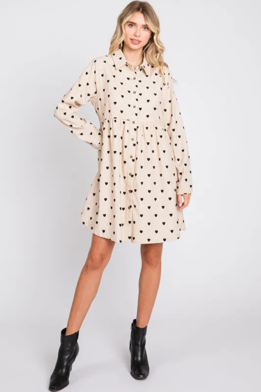 Cream Heart Print Corduroy Button Up Dress made by Pinkblush