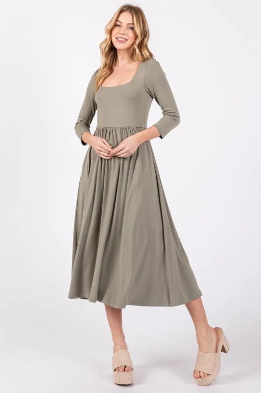 Light Olive Square Neck 3/4 Sleeve Midi Dress sold by Pinkblush