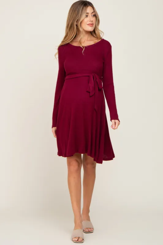 Burgundy Soft Rib Knit Sash Tie Maternity Dress sold by Pinkblush