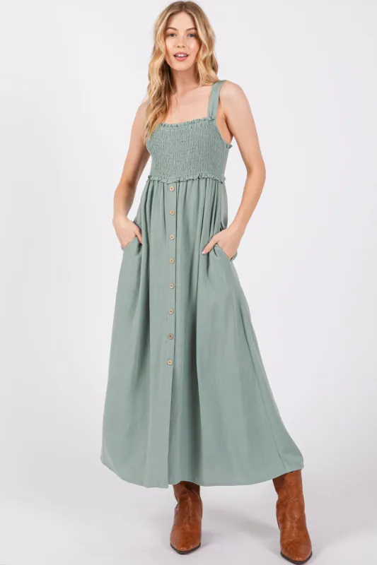 Light Olive Button Down Smocked Dress sold by Pinkblush
