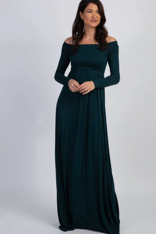 PinkBlush Forest Green Solid Off Shoulder Maxi Dress sold by Pinkblush