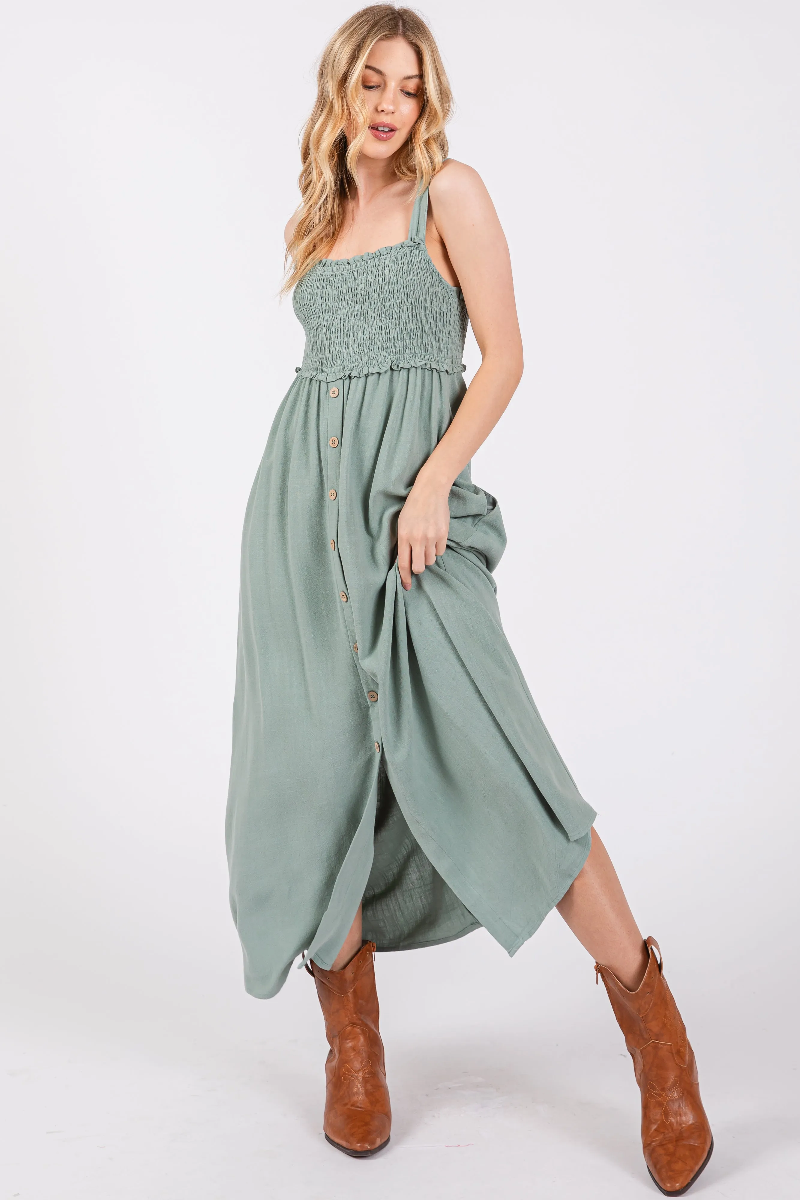 Light Olive Button Down Smocked Dress sold by Pinkblush product image thumbnail 2