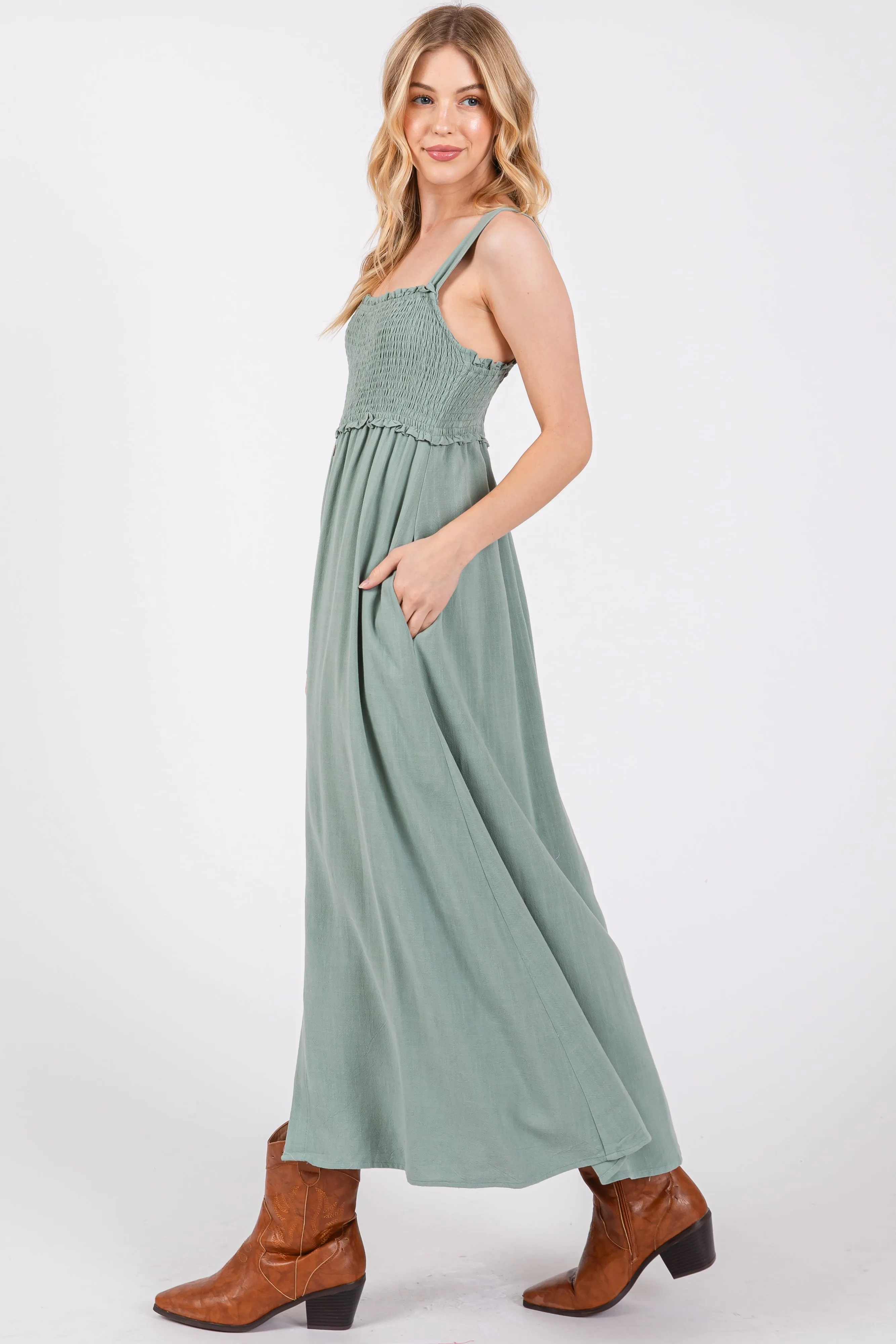 Light Olive Button Down Smocked Dress sold by Pinkblush product image thumbnail 3