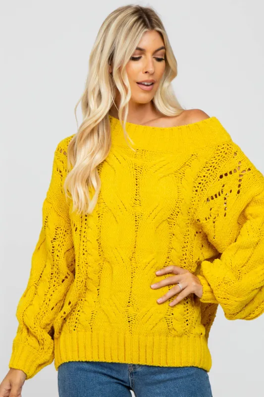 Yellow Cable Knit Off Shoulder Bubble Sleeve Sweater sold by Pinkblush