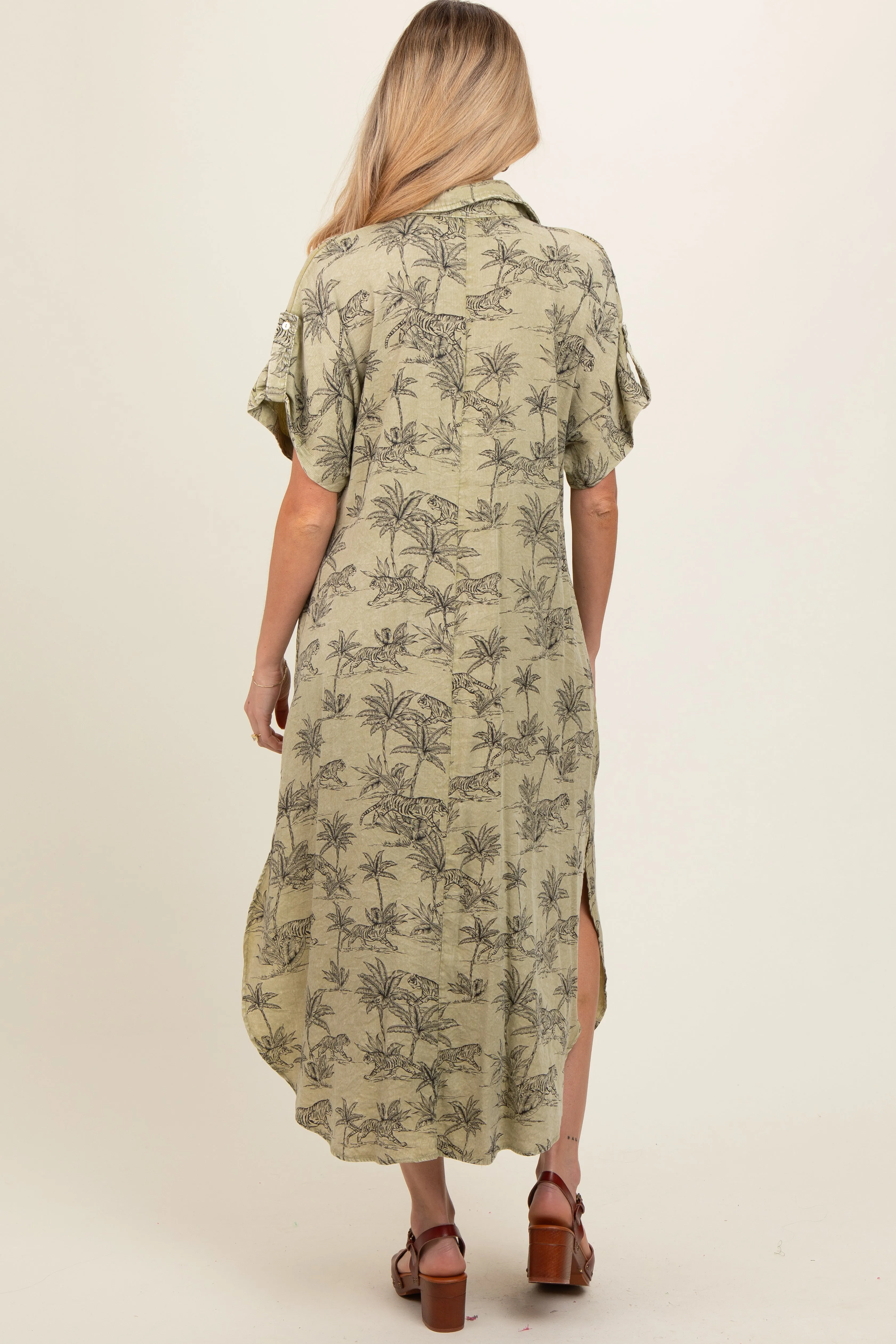 Light Olive Tiger Print Button Front Rounded Hem Maternity Midi Dress sold by Pinkblush product image thumbnail 2