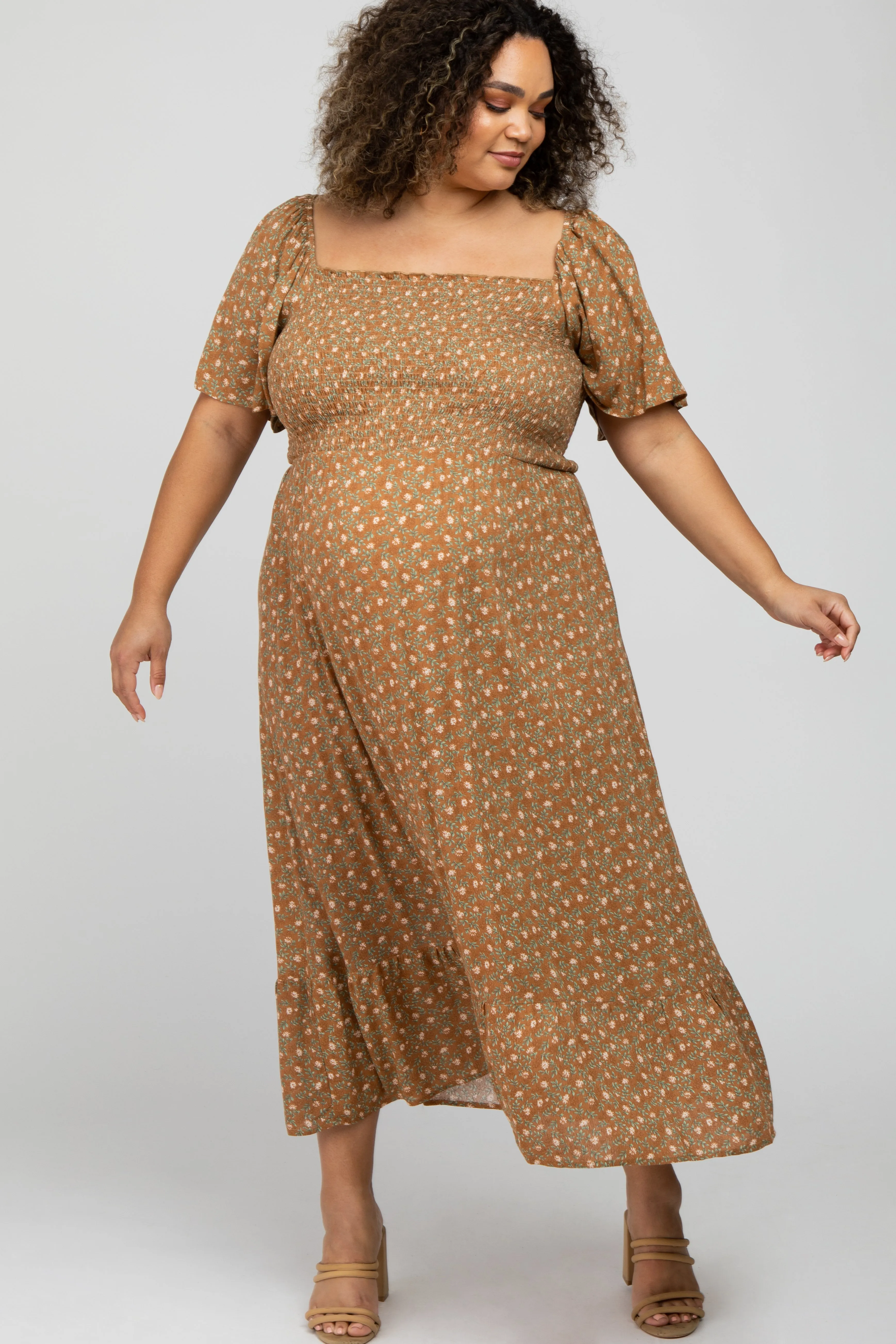 Camel Floral Smocked Square Neck Maternity Plus Midi Dress sold by Pinkblush