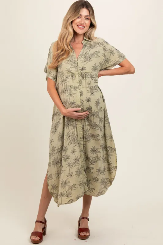 Light Olive Tiger Print Button Front Rounded Hem Maternity Midi Dress sold by Pinkblush