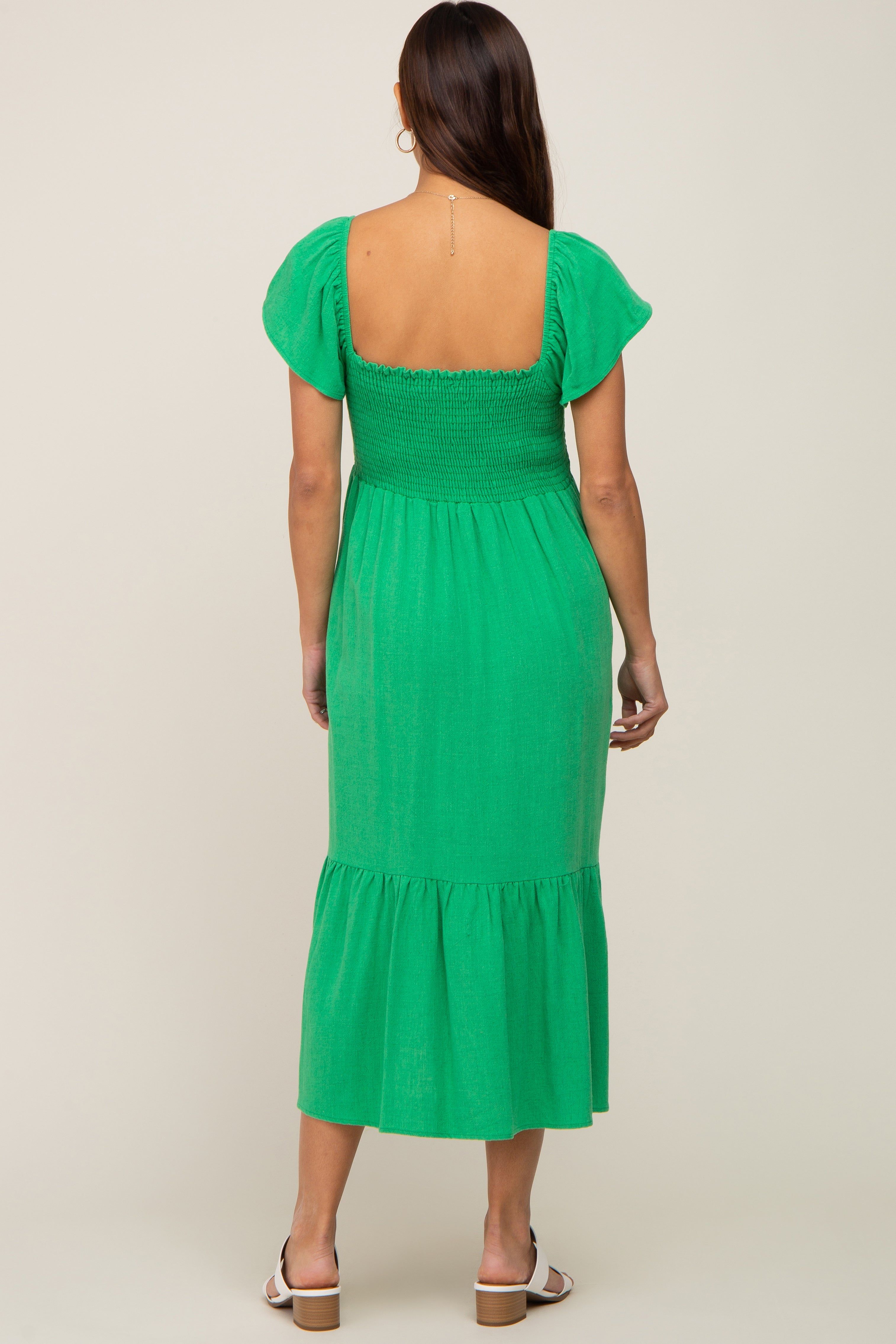 Green Smocked Ruffle Hem Maternity Midi Dress sold by Pinkblush product image thumbnail 3