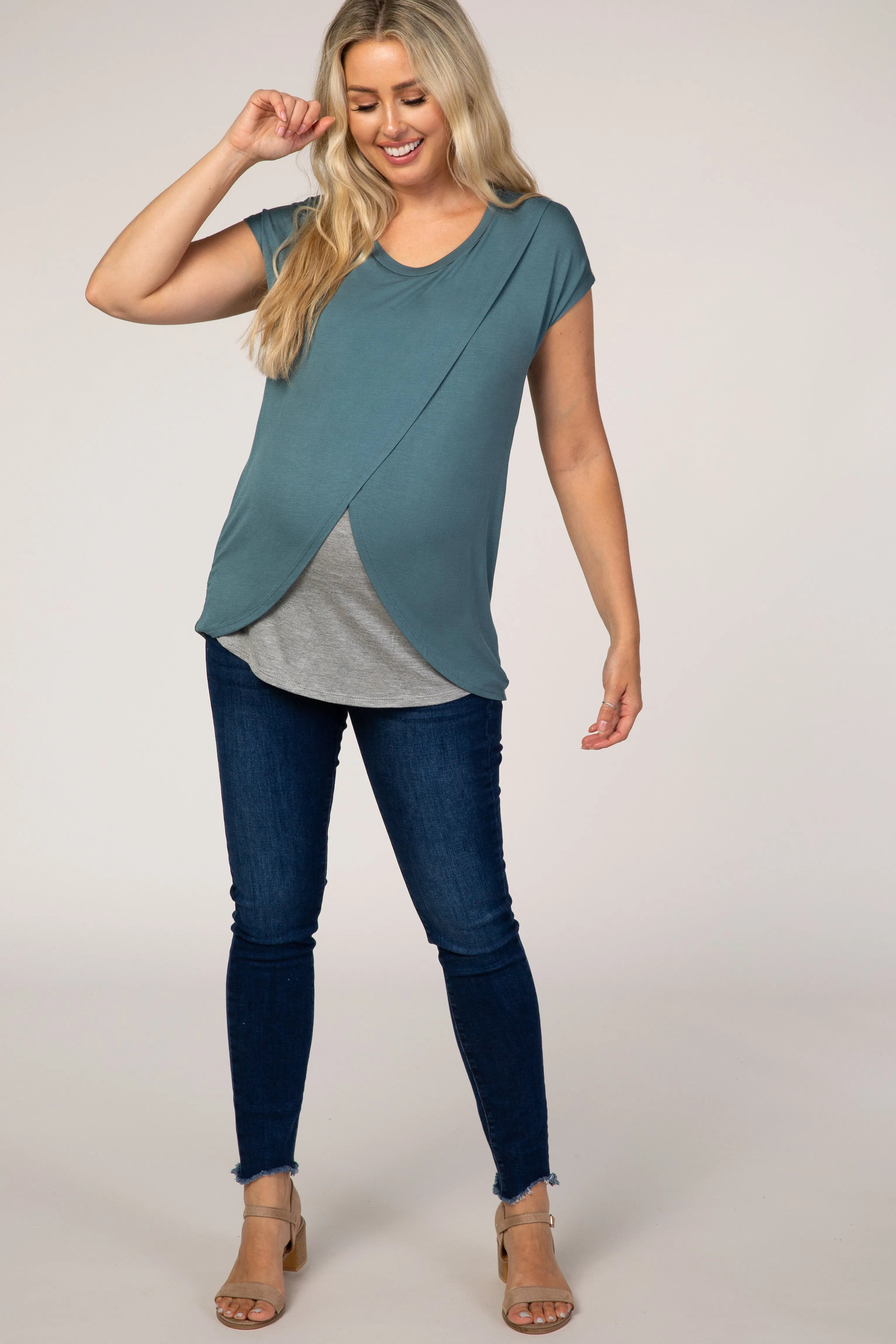 Slate Blue Layered Wrap Front Maternity/Nursing Top sold by Pinkblush