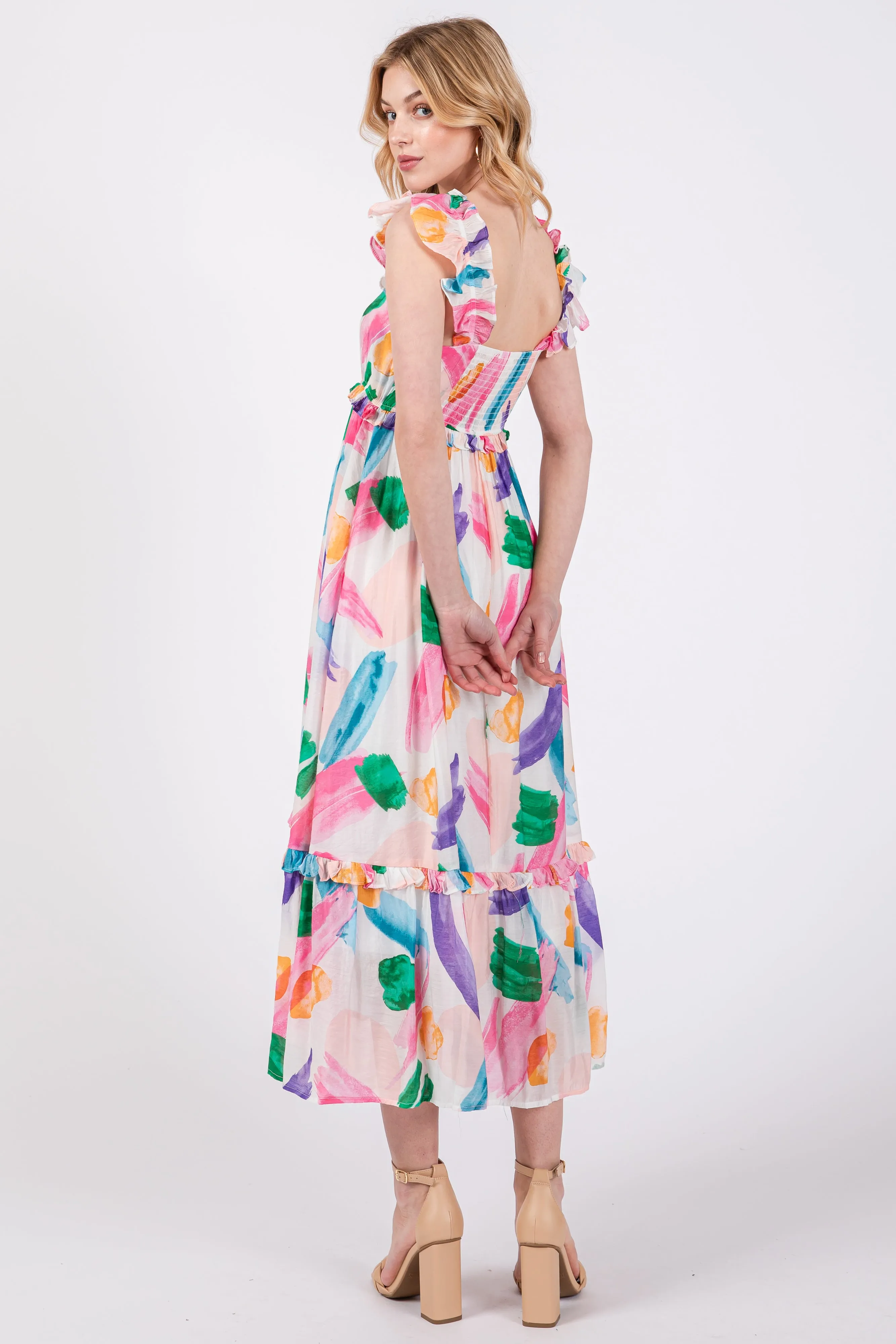 White Watercolor Print Ruffle Accent Midi Dress sold by Pinkblush product image thumbnail 3