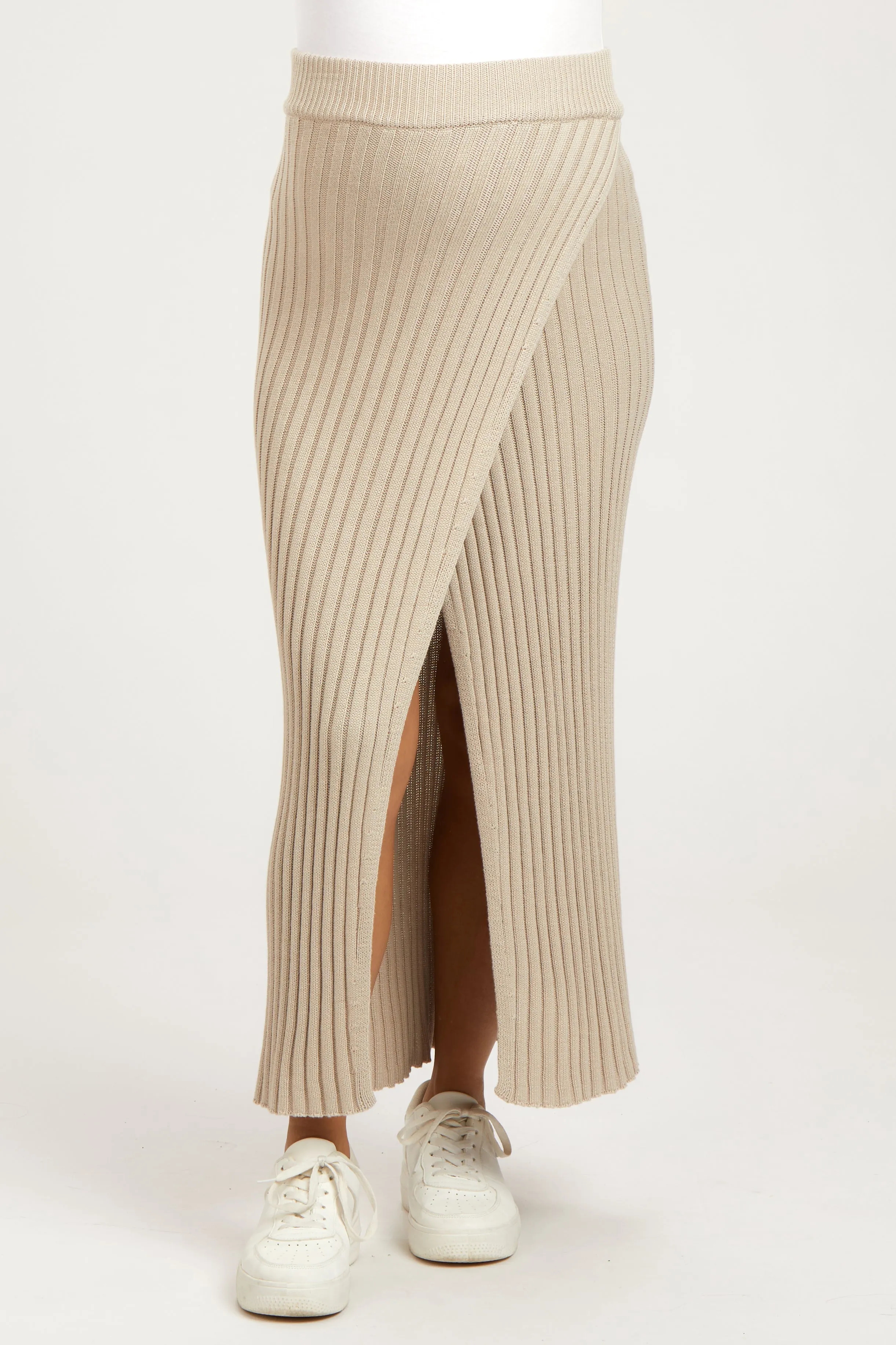 Beige Ribbed Knit Wrap Maternity Maxi Skirt sold by Pinkblush product image thumbnail 2