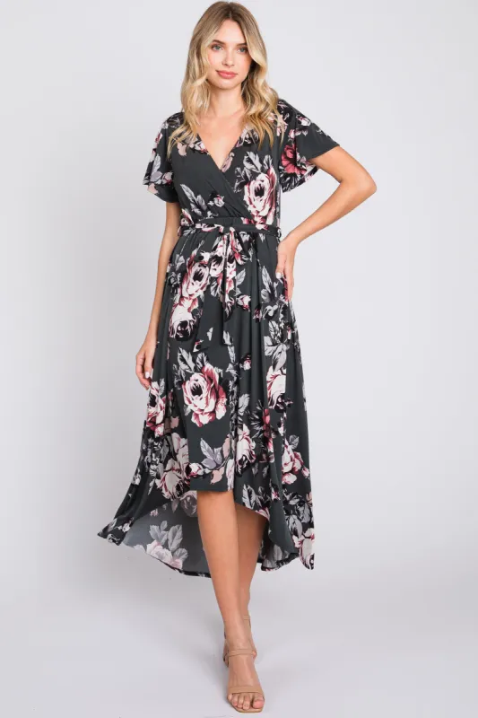 Forest Green Floral High-Low Wrap Dress sold by Pinkblush