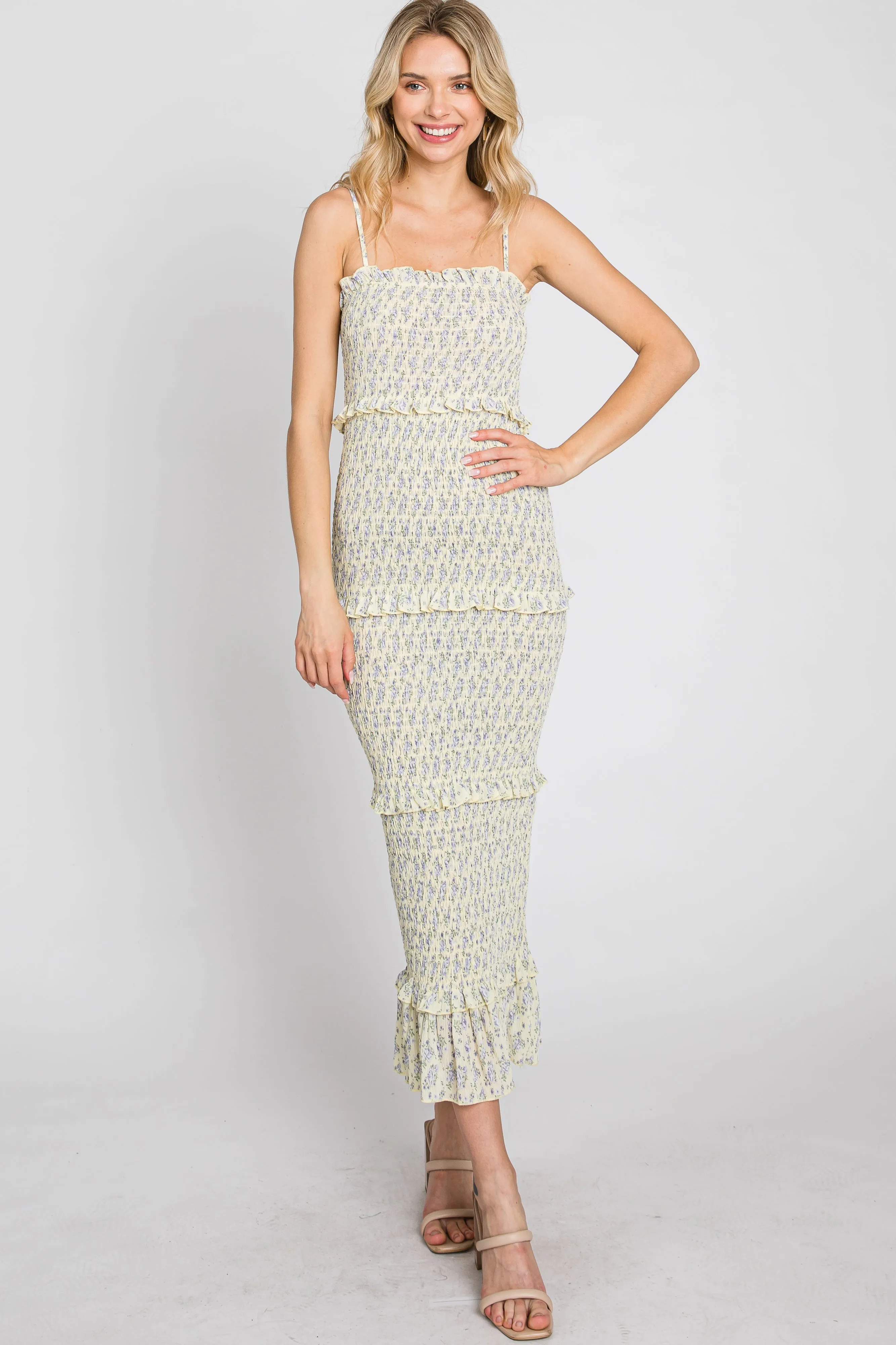 Yellow Floral Print Smocked Midi Dress sold by Pinkblush product image thumbnail 3