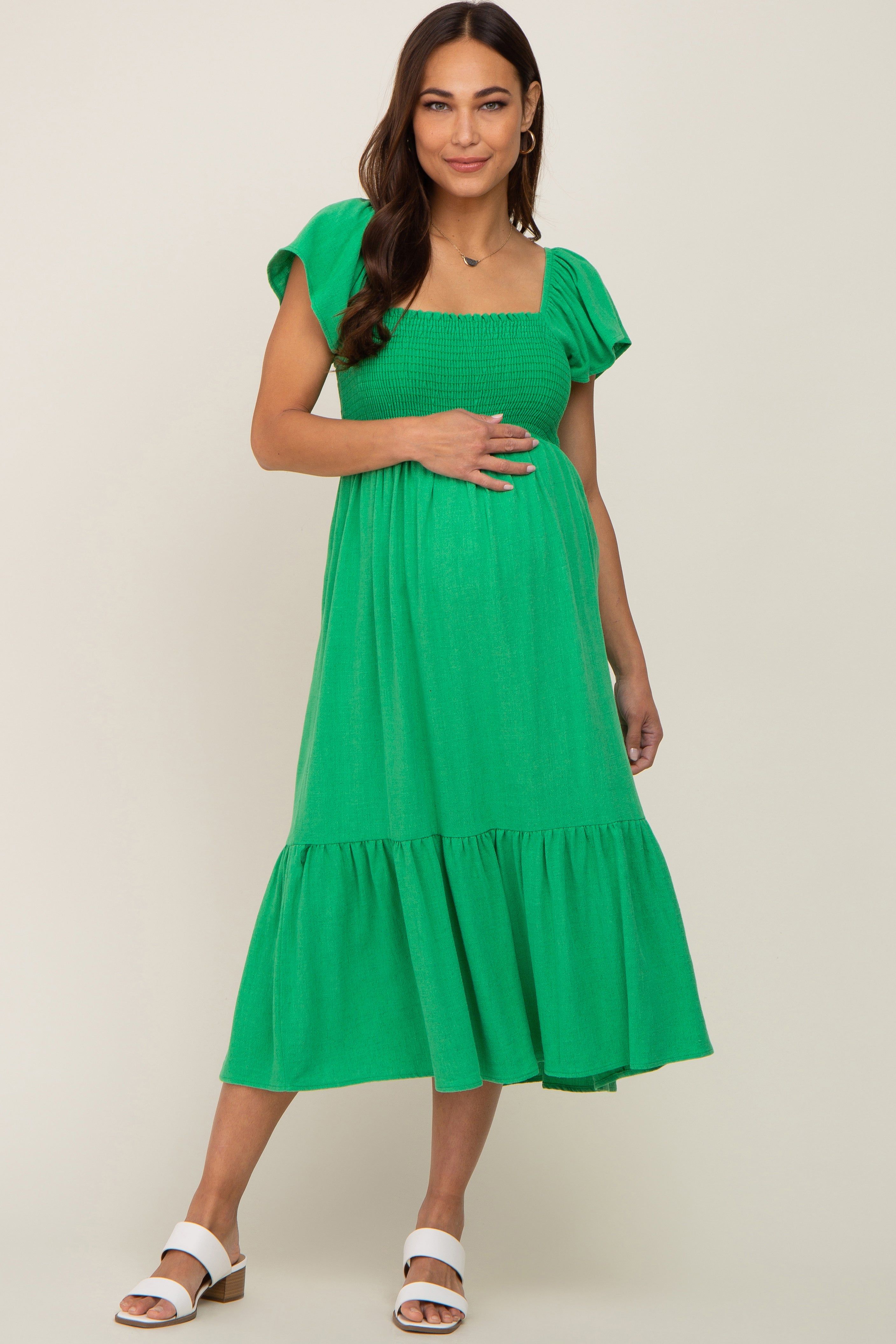 Green Smocked Ruffle Hem Maternity Midi Dress sold by Pinkblush