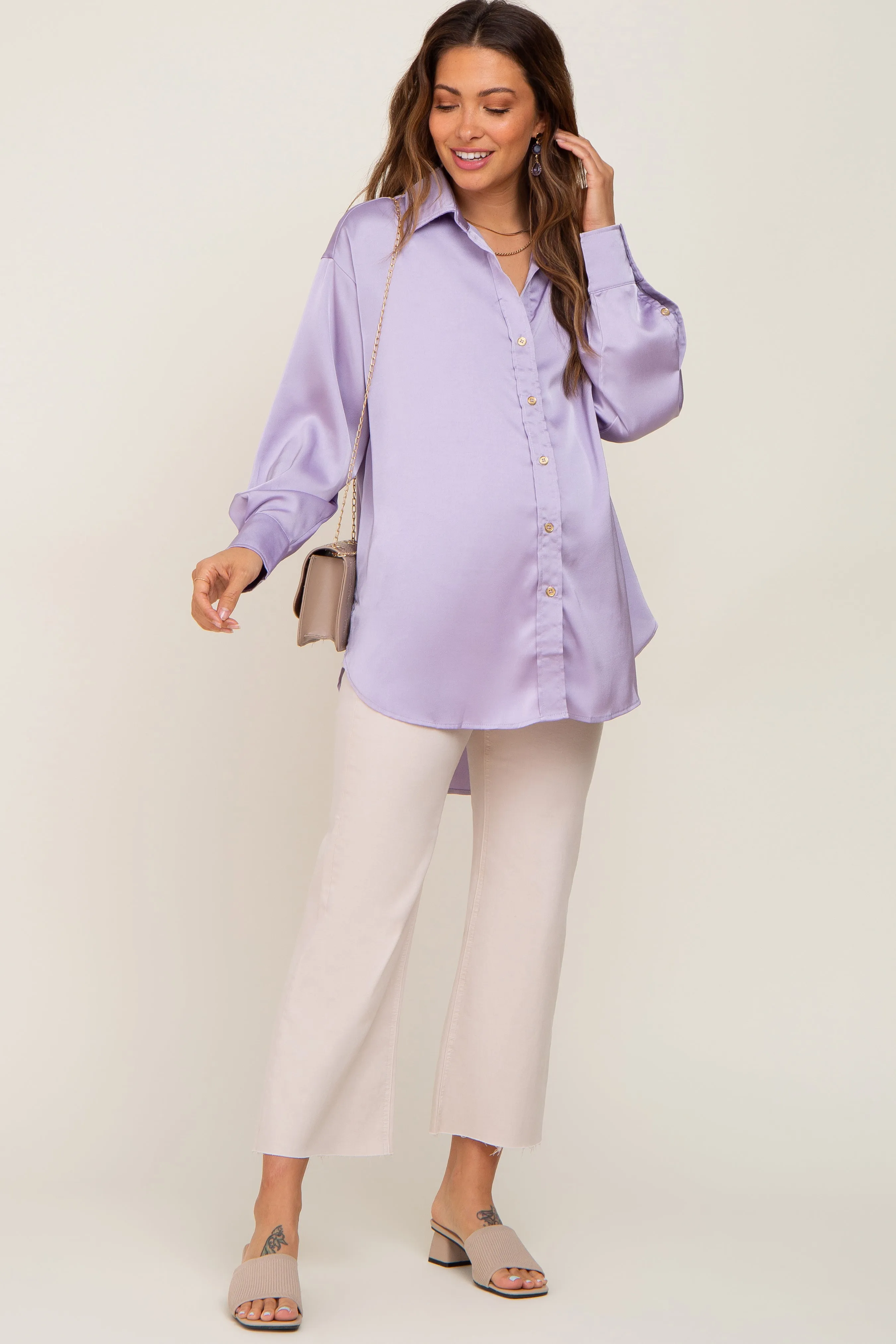 Lavender Satin Button Up Maternity Blouse sold by Pinkblush product image thumbnail 5