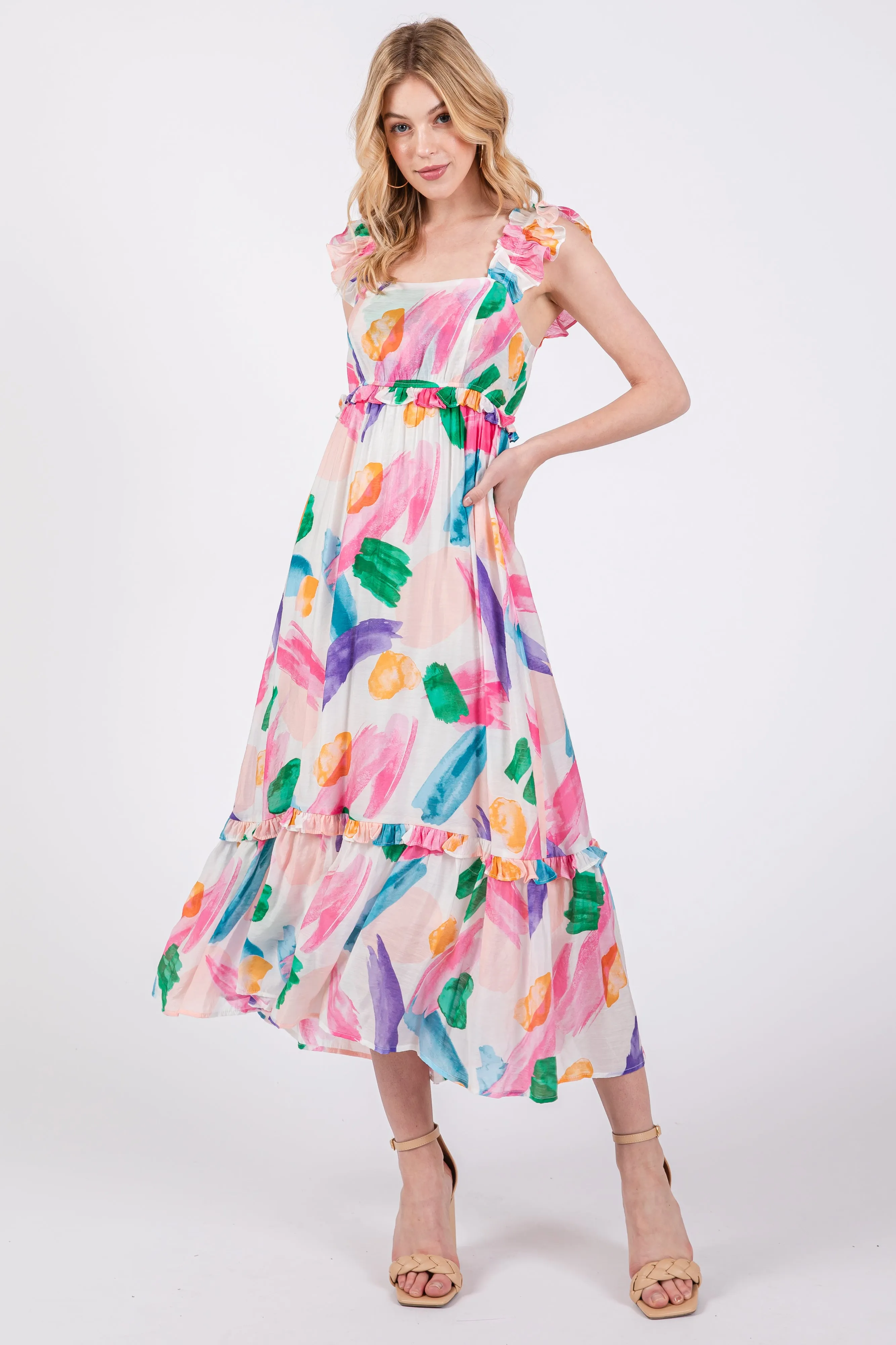 White Watercolor Print Ruffle Accent Midi Dress sold by Pinkblush