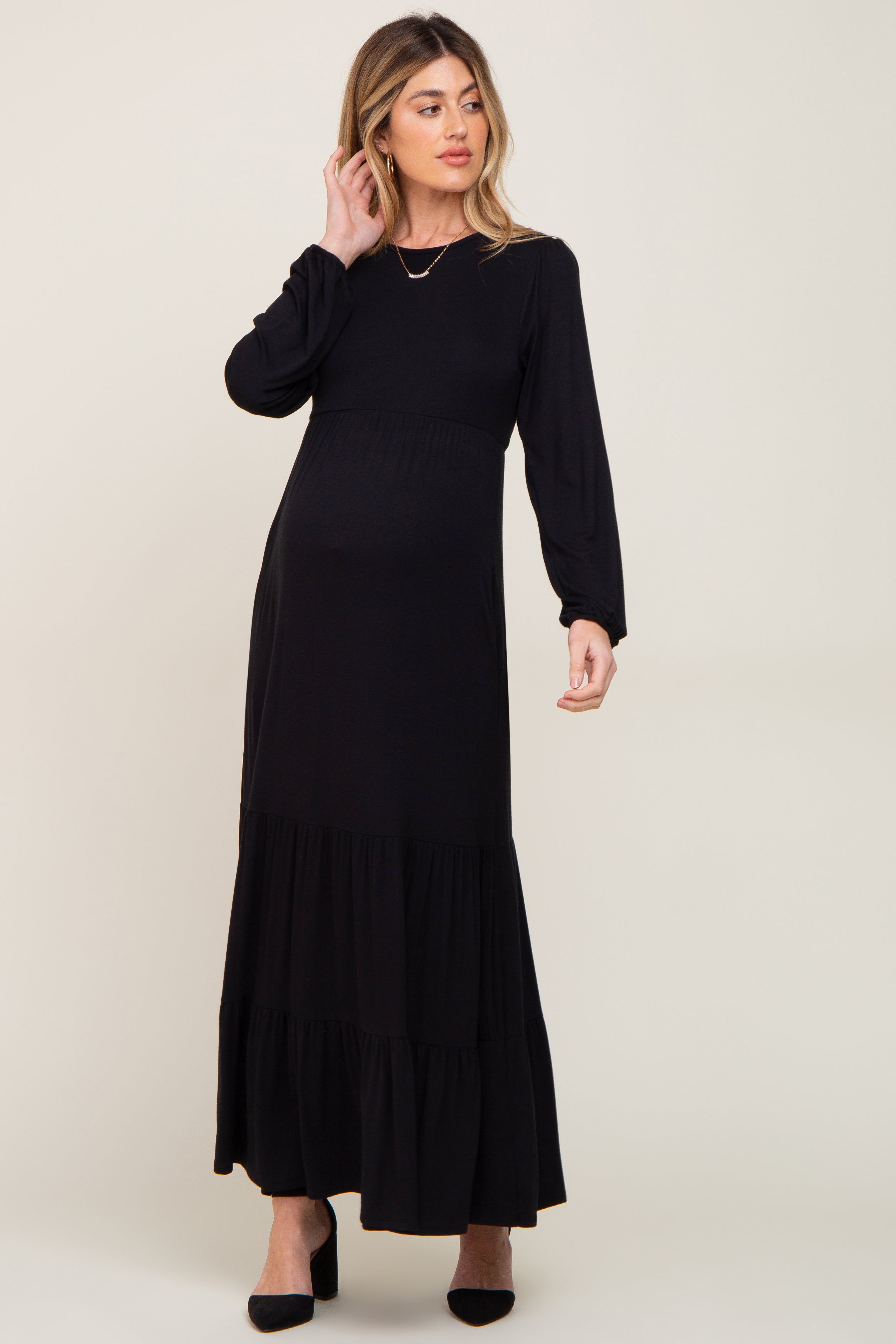 Black Long Sleeve Tiered Maternity Maxi Dress sold by Pinkblush product image thumbnail 4