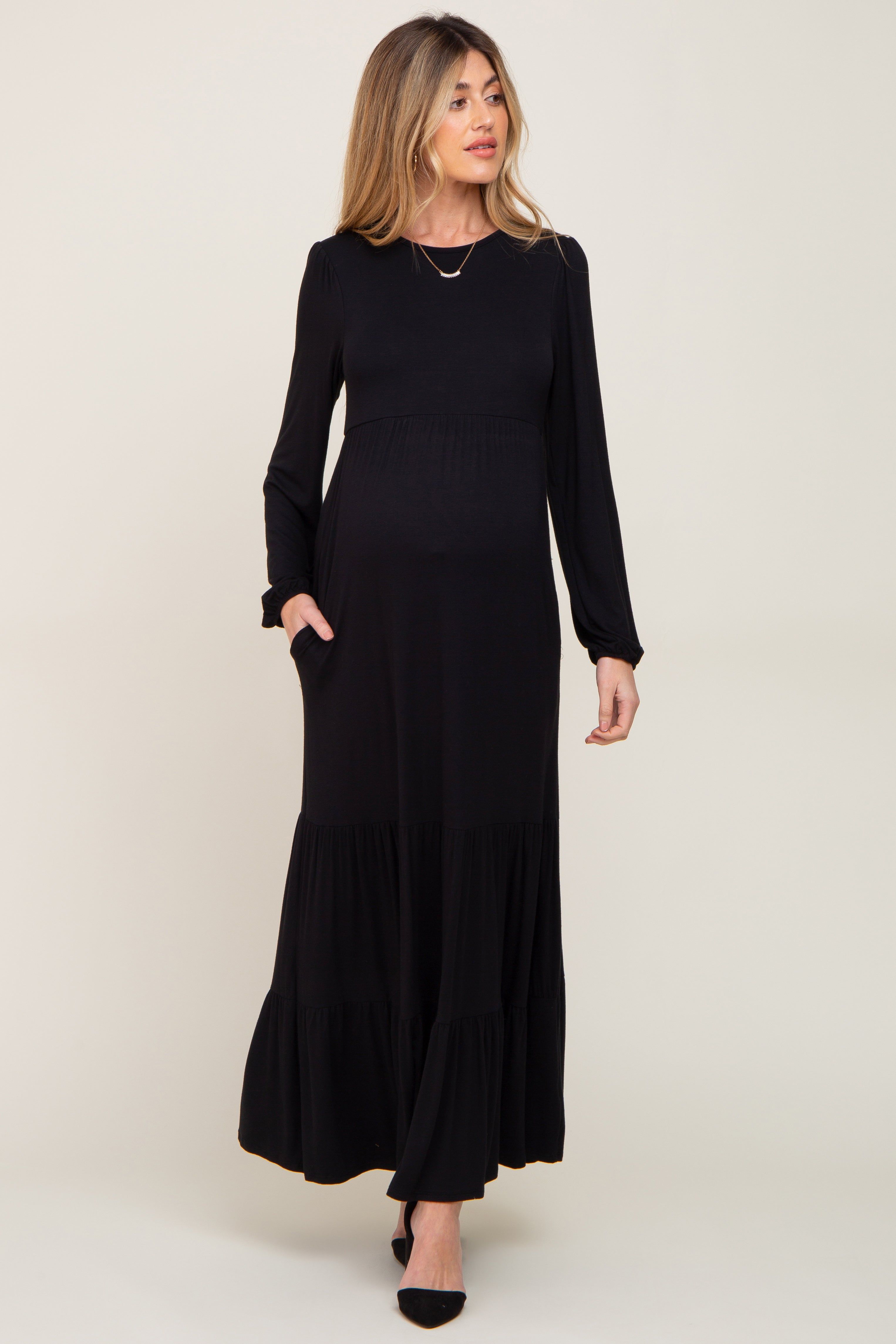 Black Long Sleeve Tiered Maternity Maxi Dress sold by Pinkblush