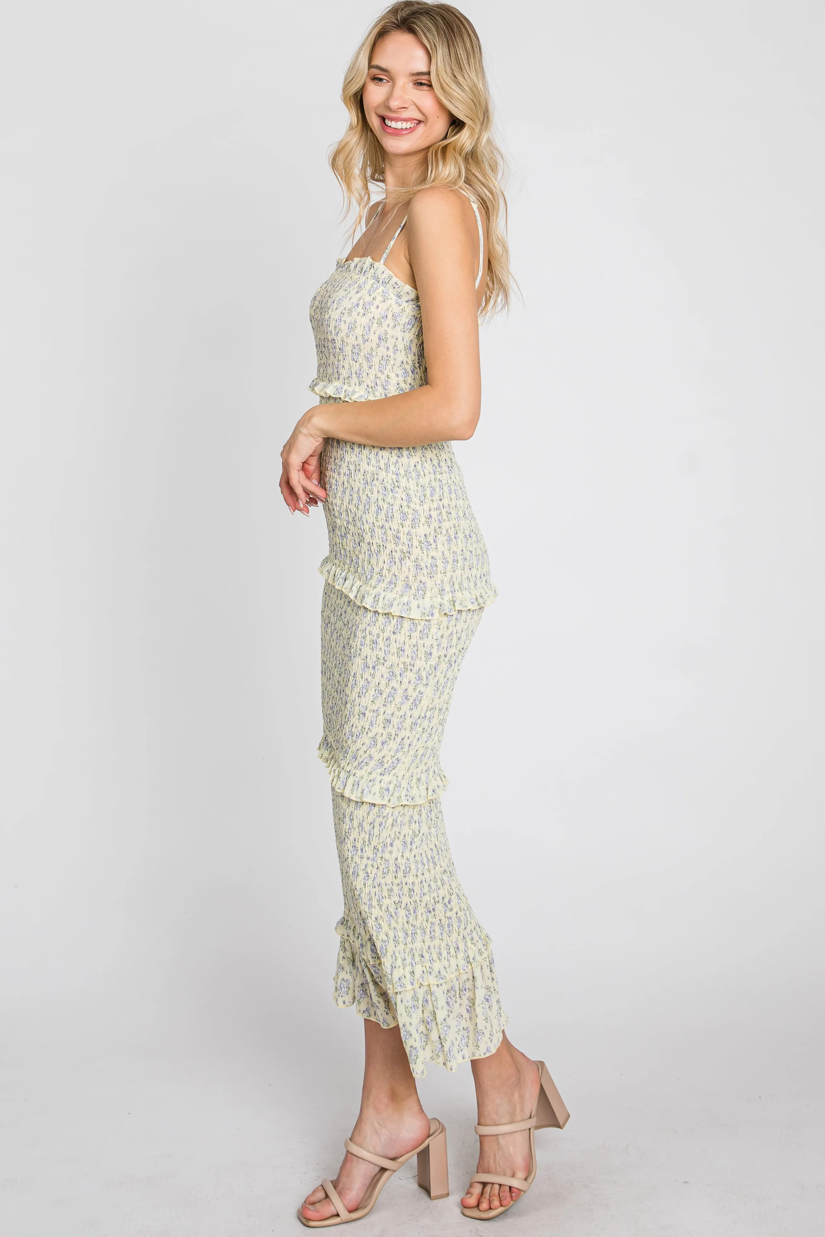 Yellow Floral Print Smocked Midi Dress sold by Pinkblush product image thumbnail 4