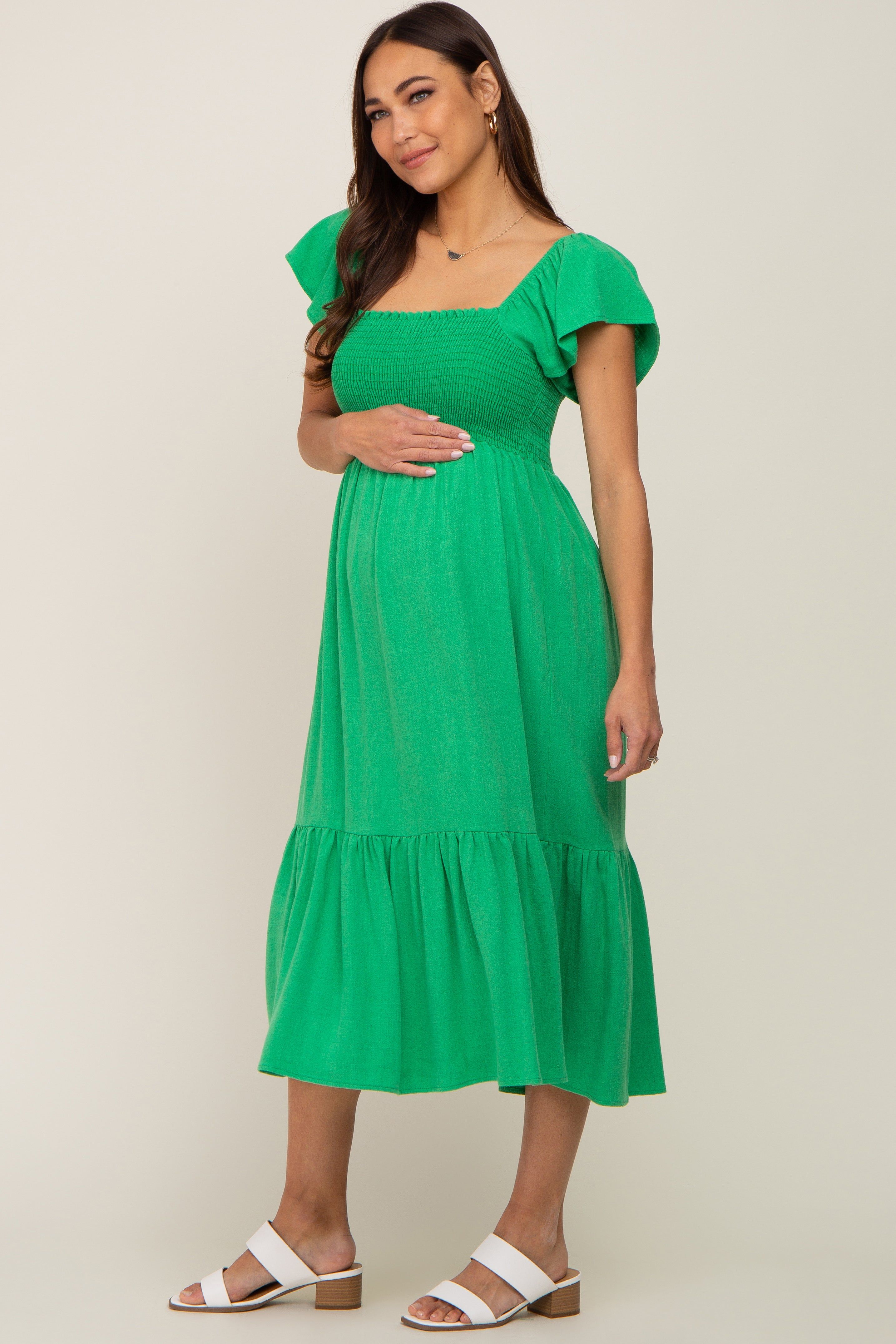 Green Smocked Ruffle Hem Maternity Midi Dress sold by Pinkblush product image thumbnail 2