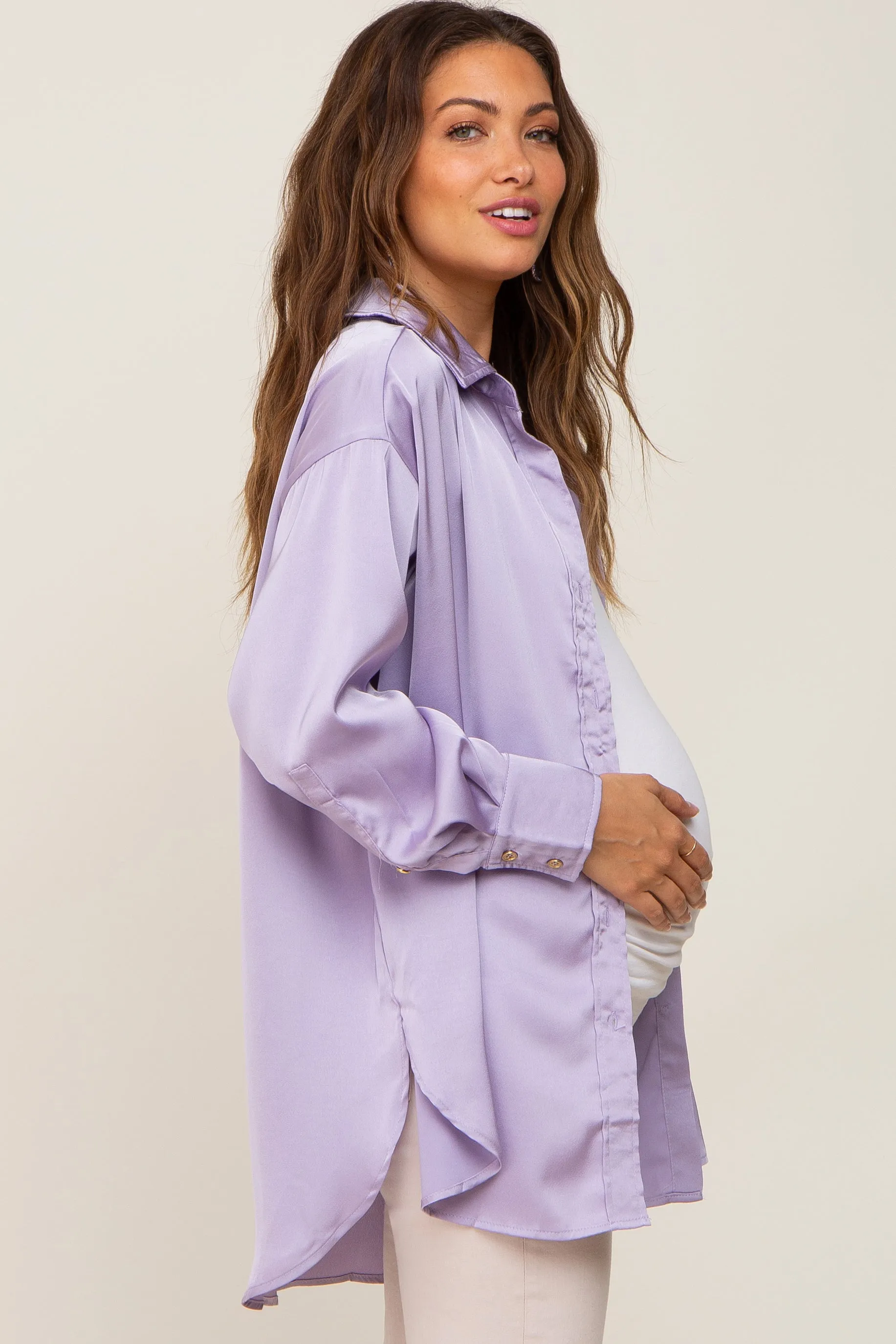 Lavender Satin Button Up Maternity Blouse sold by Pinkblush product image thumbnail 3